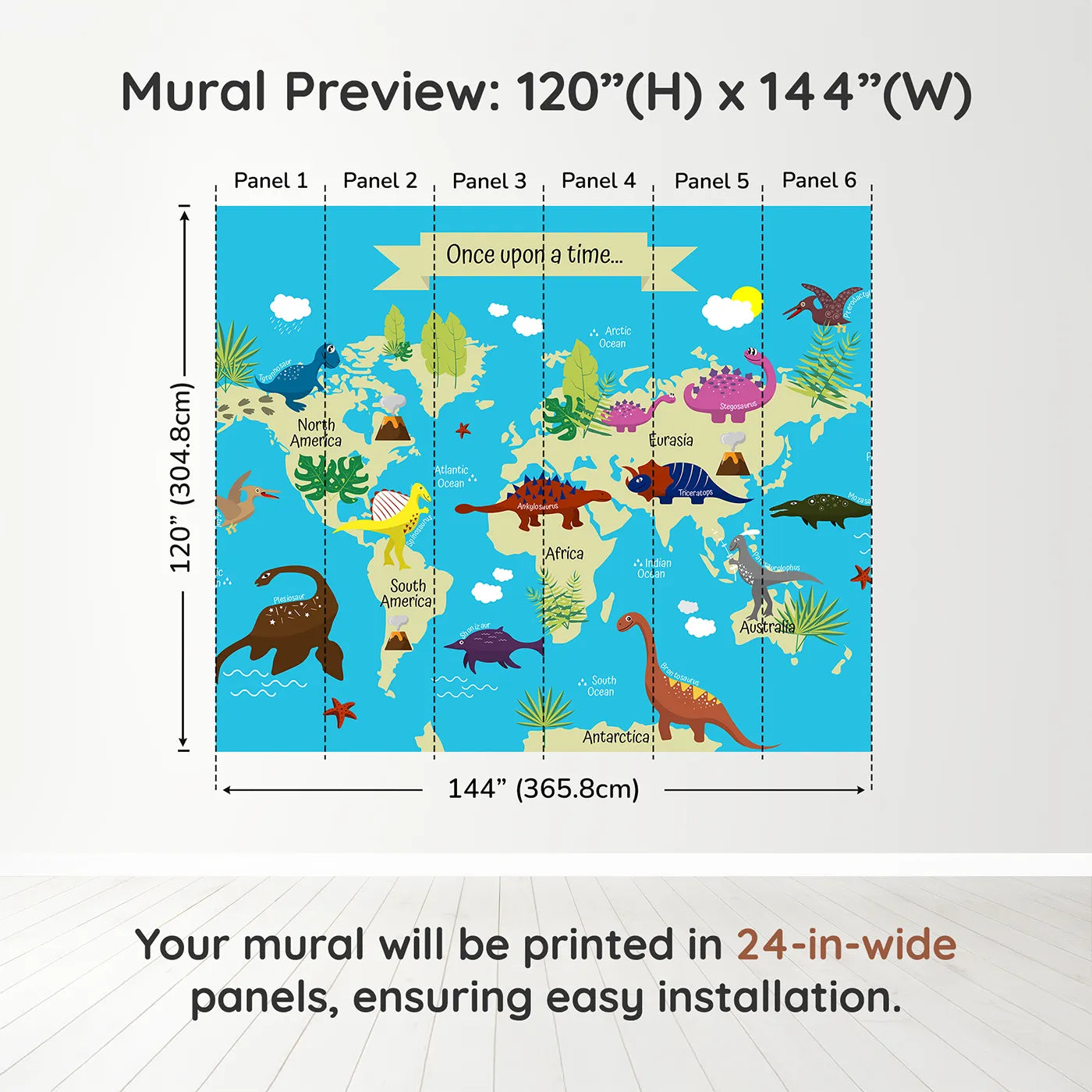 Whimsy Tots Dinosaur World Map Wall Muraldimension view (120" H x 144" W). Printed in six 24-inch-wide panels. Gender-Neutral