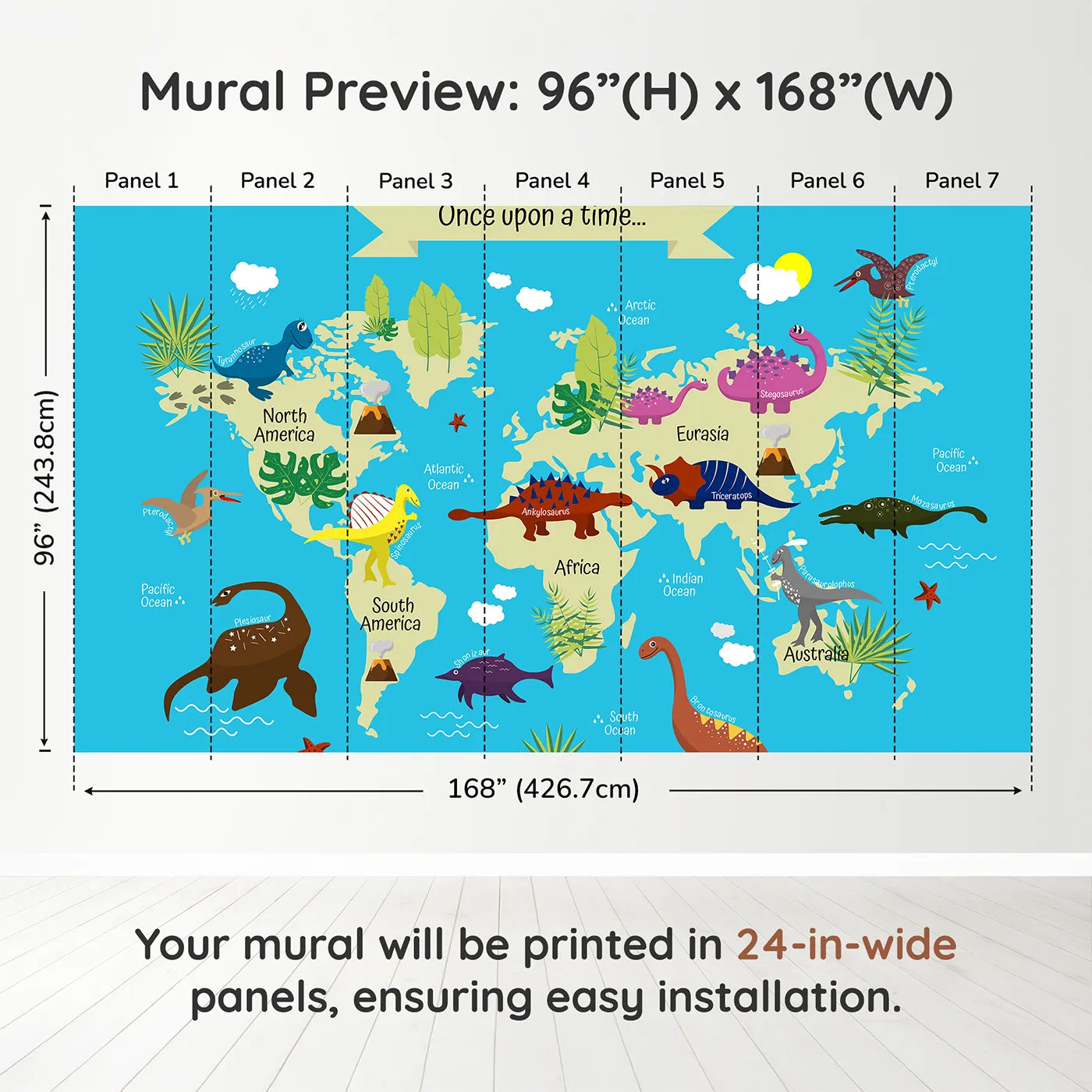 Whimsy Tots Dinosaur World Map Wall Muraldimension view (96" H x 168" W). Printed in seven 24-inch-wide panels. Gender-Neutral