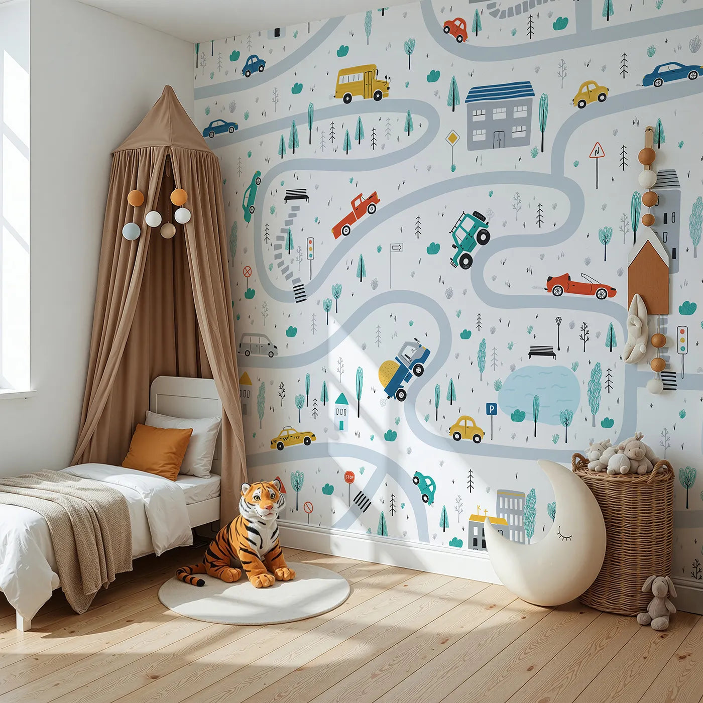 Angled view of Whimsy Tots' Busy Town Roads Wall Mural (Turn Their Room into a Bustling Little City).Gender-Neutral