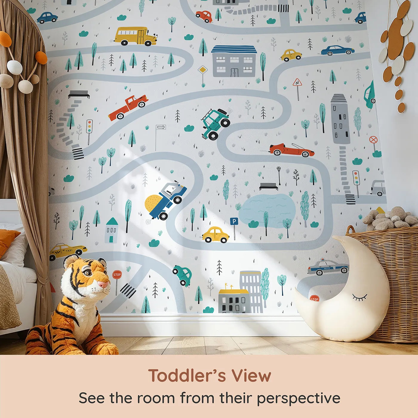Whimsy Tots Busy Town Roads Wall Mural (Turn Their Room into a Bustling Little City) from your child's view.Gender-Neutral