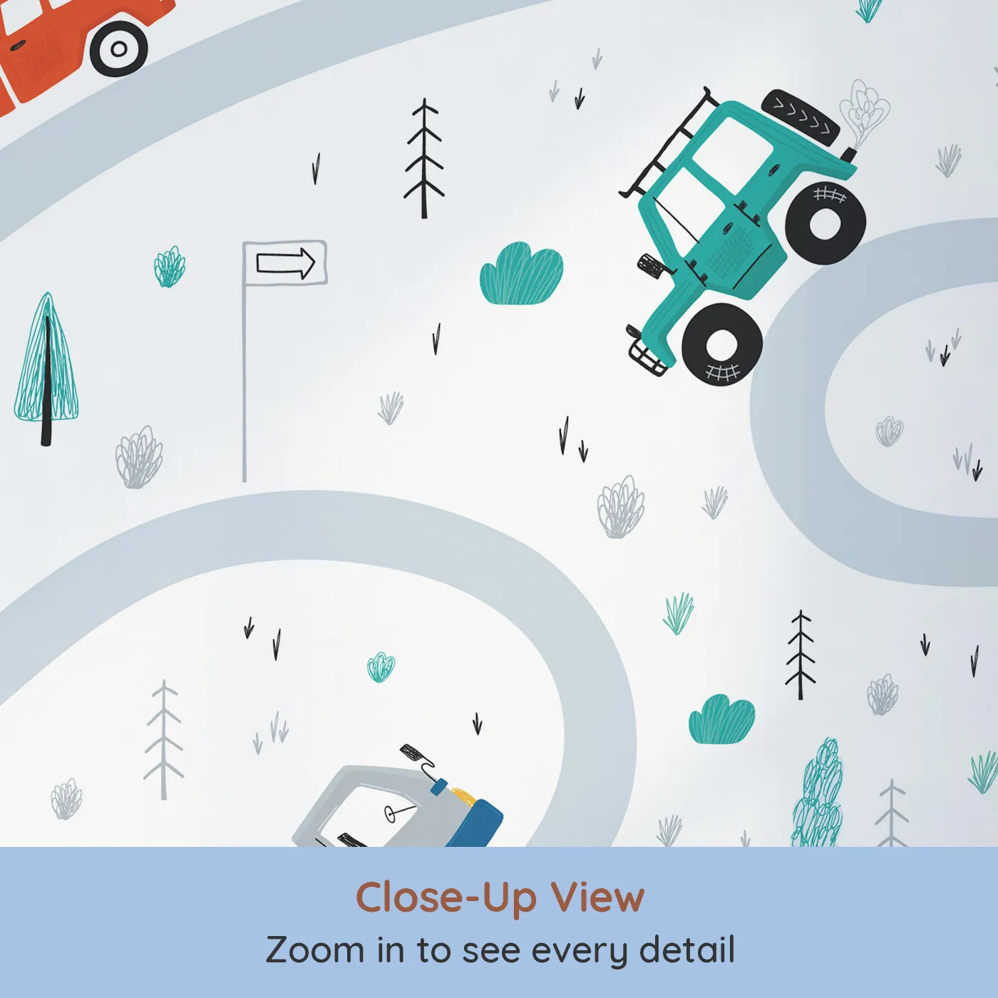 Close-up view of Whimsy Tots' Busy Town Roads Wall Mural (Turn Their Room into a Bustling Little City).Gender-Neutral