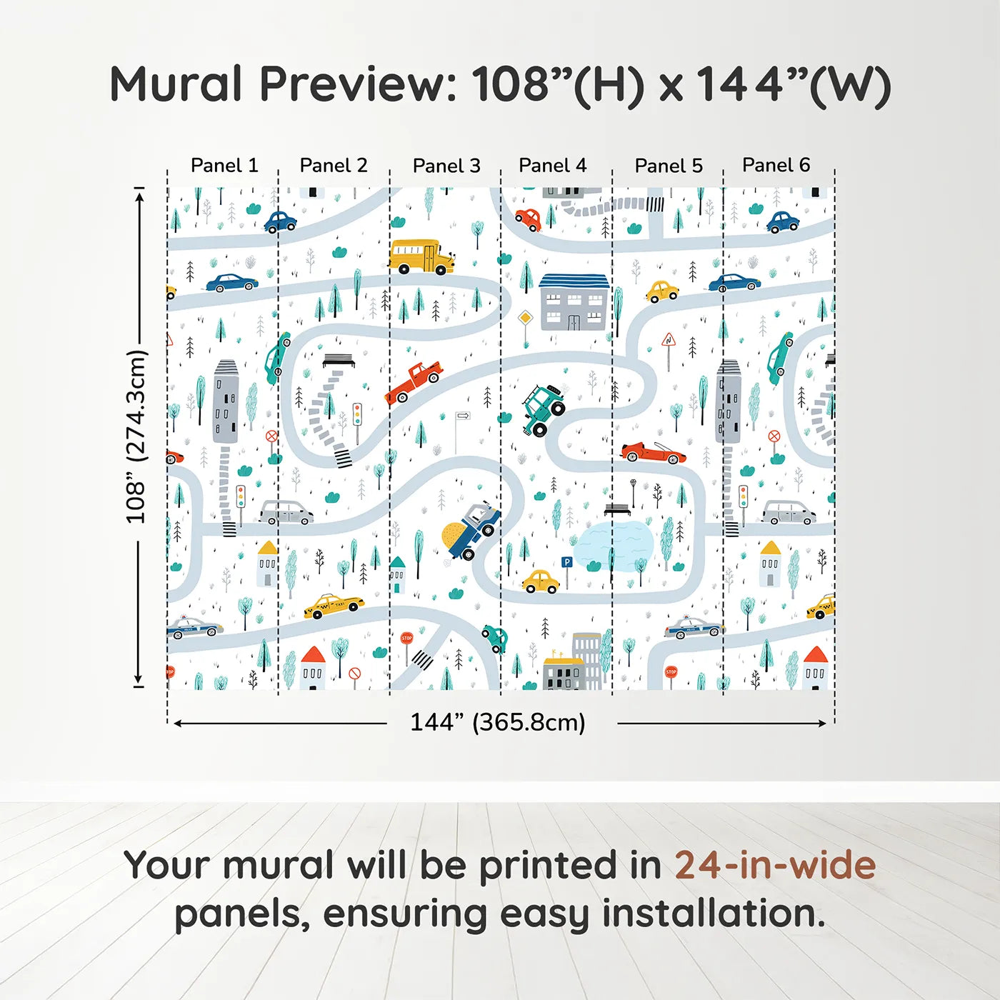 Whimsy Tots Busy Town Roads Wall Muraldimension view (108" H x 144" W). Printed in six 24-inch-wide panels. Gender-Neutral