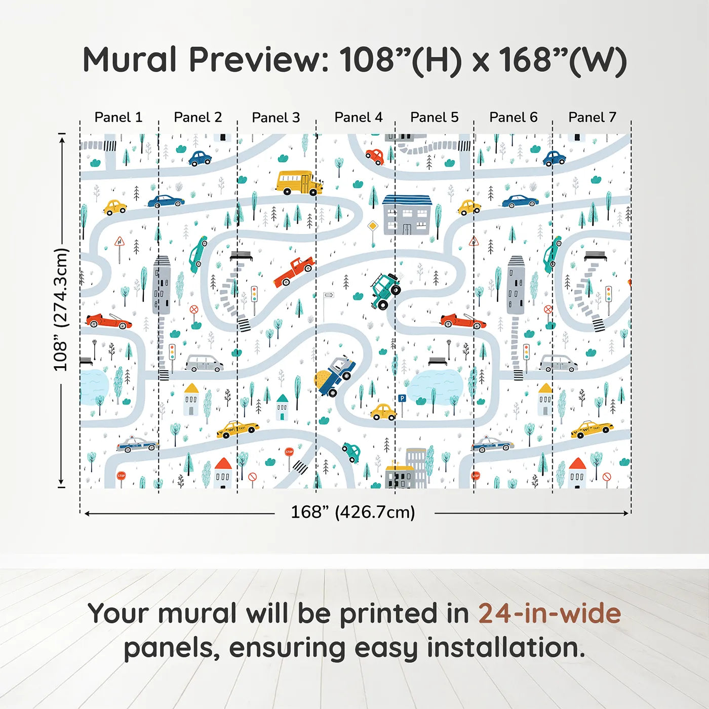 Whimsy Tots Busy Town Roads Wall Muraldimension view (108" H x 168" W). Printed in seven 24-inch-wide panels. Gender-Neutral