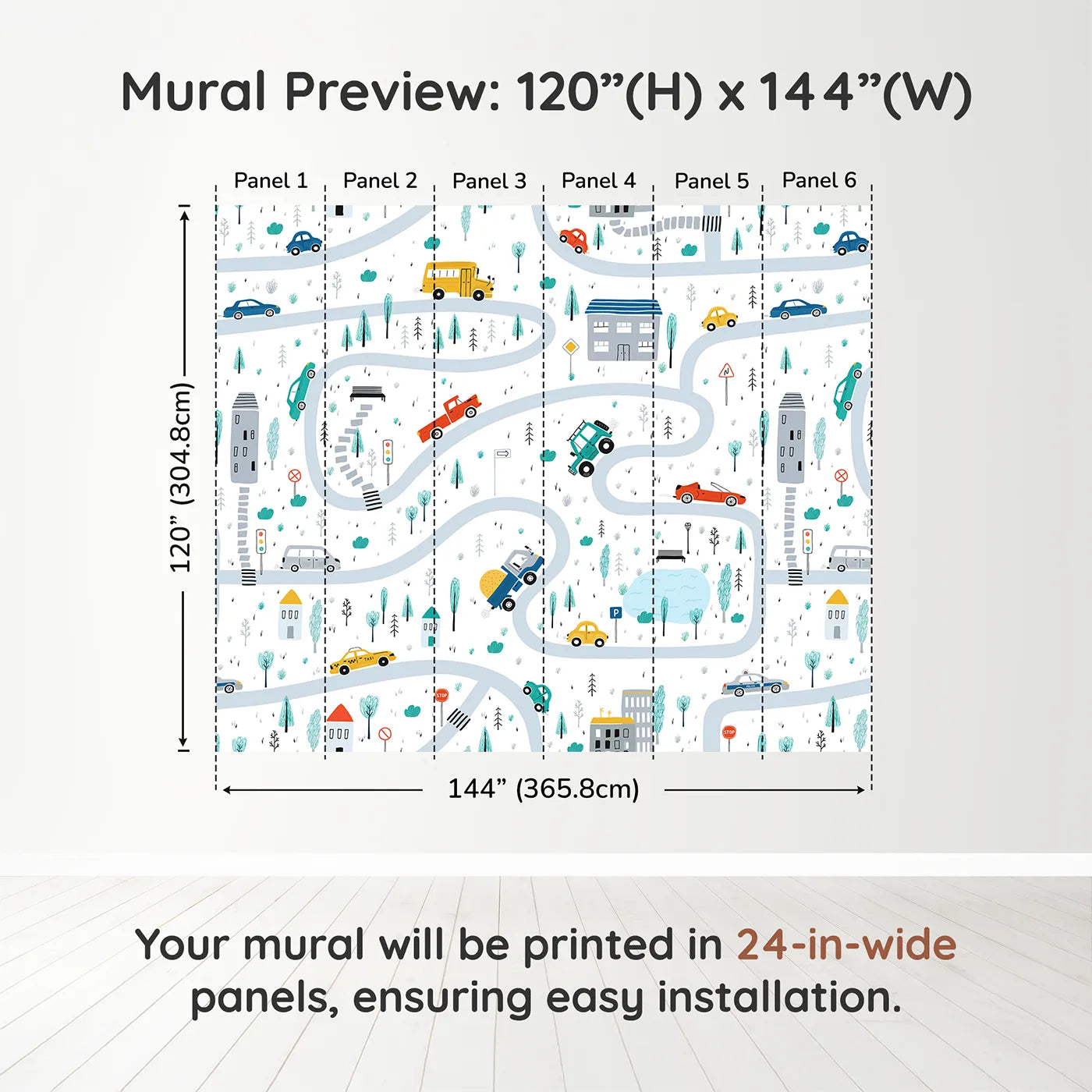Whimsy Tots Busy Town Roads Wall Muraldimension view (120" H x 144" W). Printed in six 24-inch-wide panels. Gender-Neutral