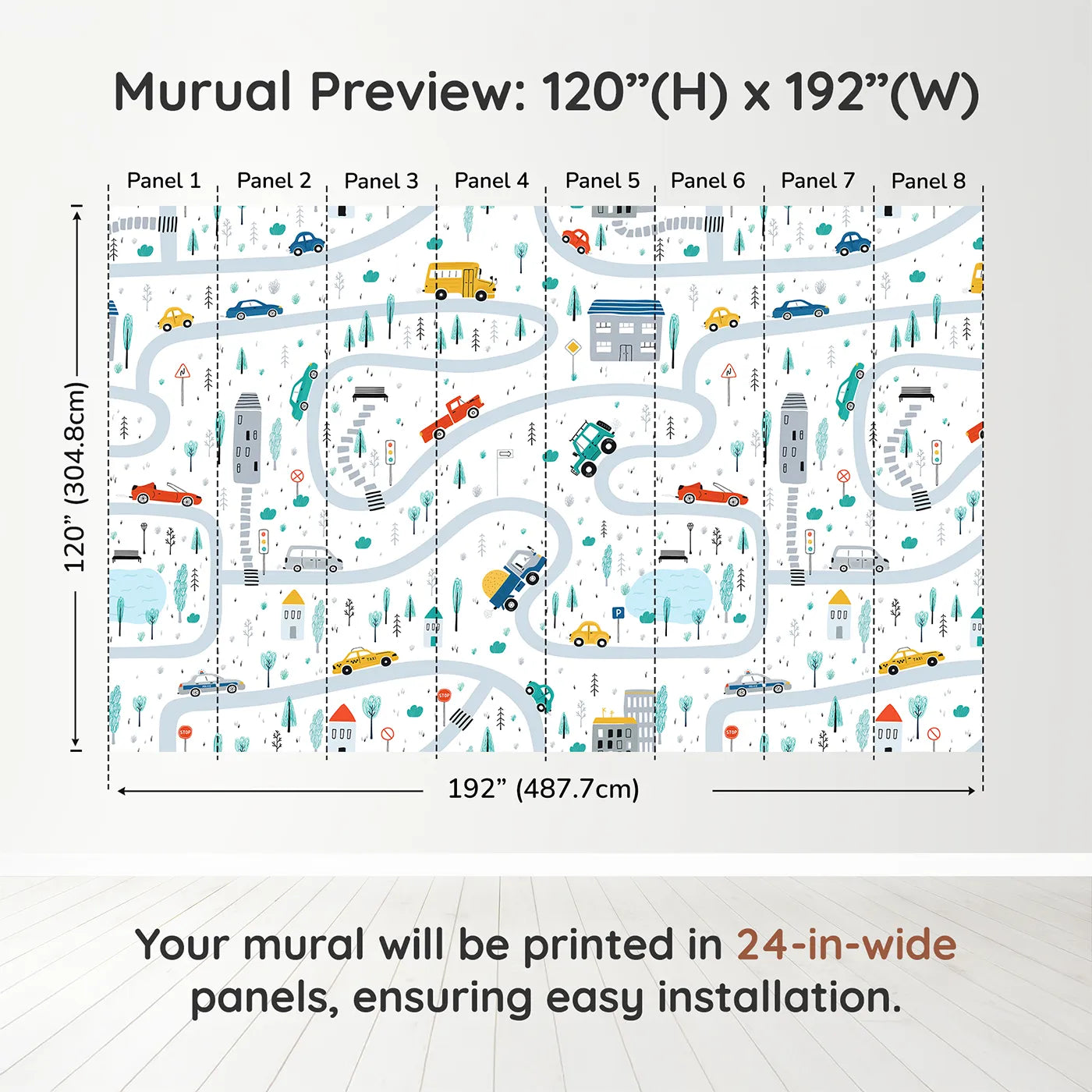 Whimsy Tots Busy Town Roads Wall Muraldimension view (120" H x 192" W). Printed in eight 24-inch-wide panels. Gender-Neutral