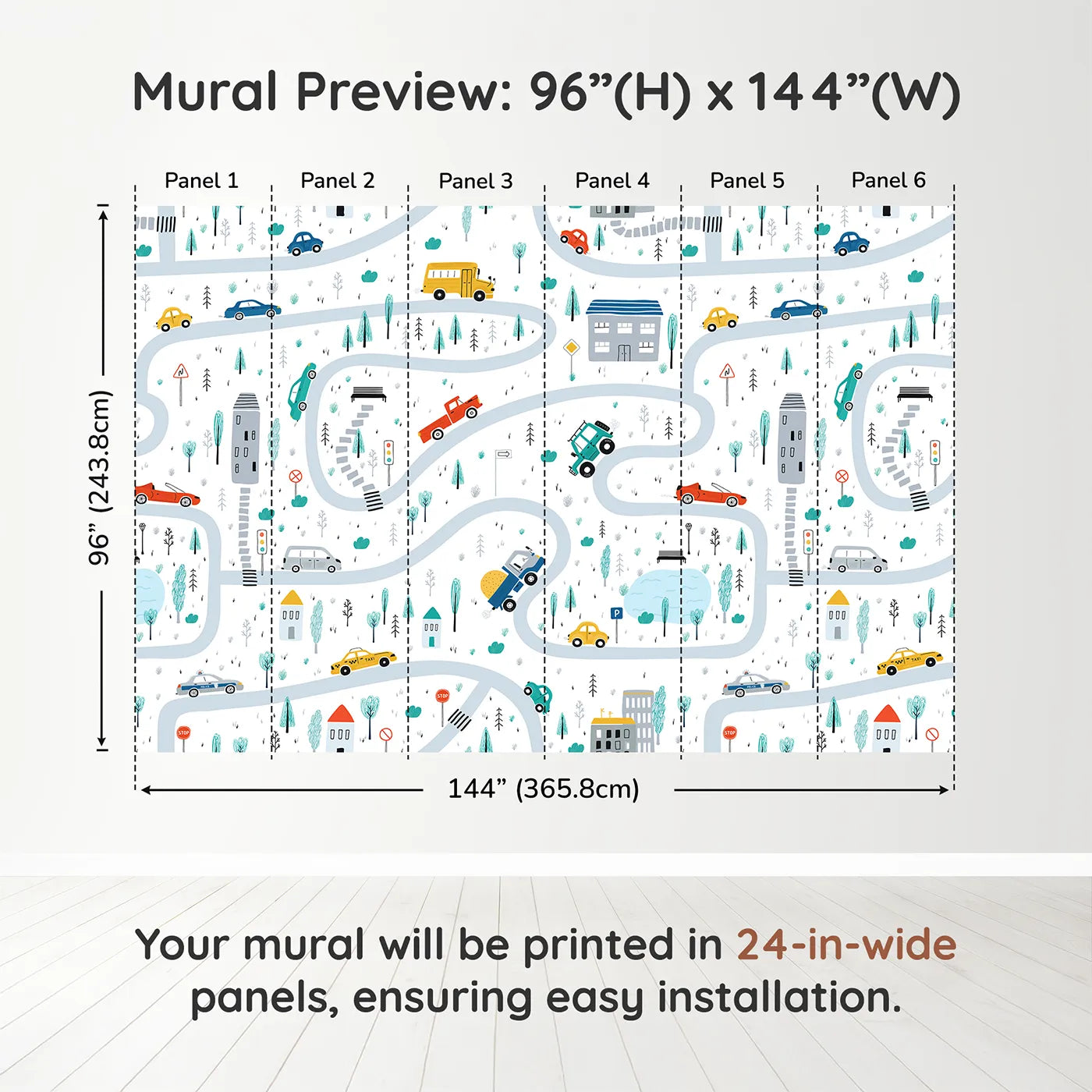 Whimsy Tots Busy Town Roads Wall Muraldimension view (96" H x 144" W). Printed in six 24-inch-wide panels. Gender-Neutral
