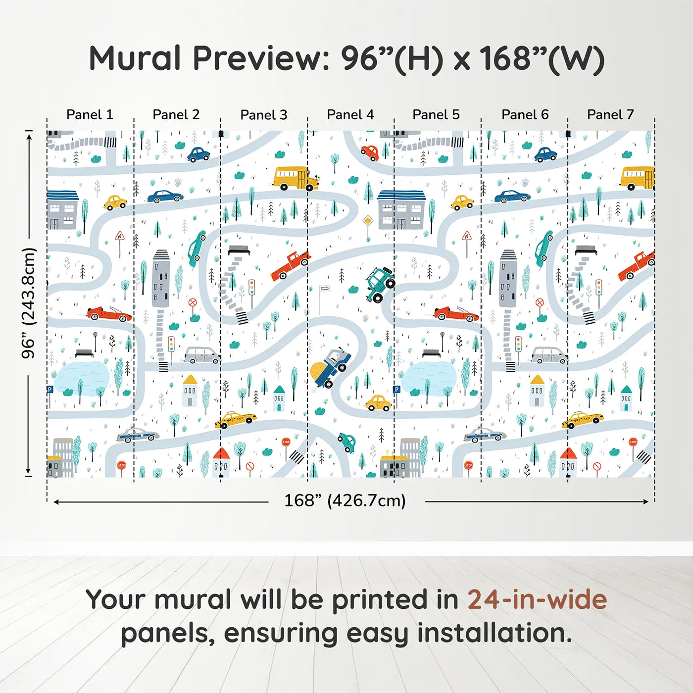 Whimsy Tots Busy Town Roads Wall Muraldimension view (96" H x 168" W). Printed in seven 24-inch-wide panels. Gender-Neutral