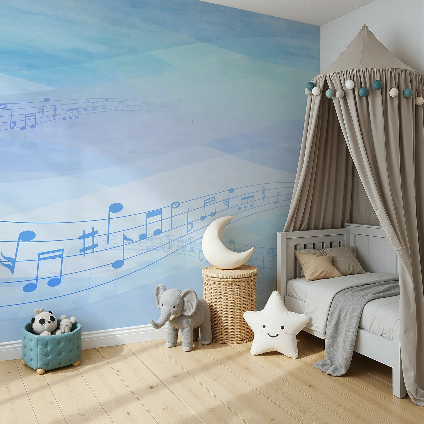 Angled view of Whimsy Tots' Watercolor Melody Wall Mural in Blue (Turn Their Room into a Flowing Ocean of Music).Gender-Neutral