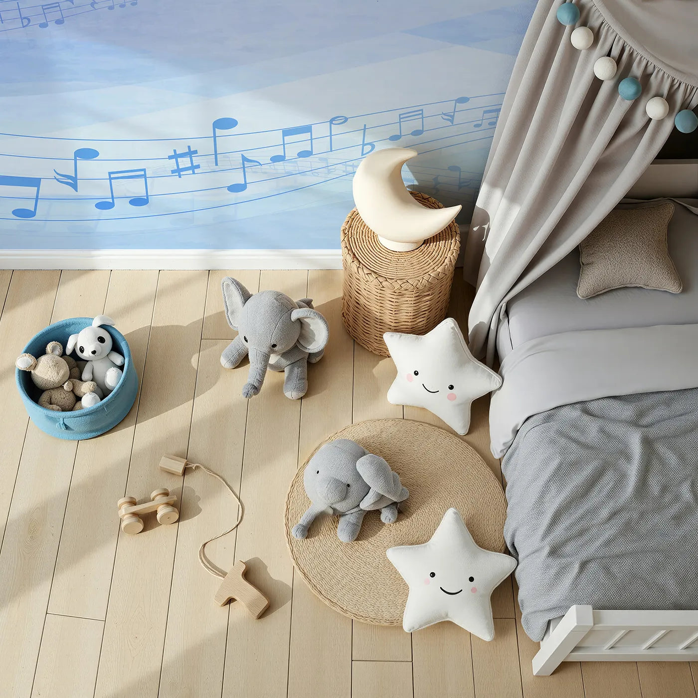 Top-down view of Whimsy Tots' Watercolor Melody Wall Mural in Blue (Turn Their Room into a Flowing Ocean of Music).Gender-Neutral