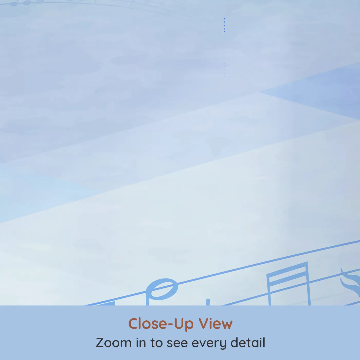 Close-up view of Whimsy Tots' Watercolor Melody Wall Mural in Blue (Turn Their Room into a Flowing Ocean of Music).Gender-Neutral