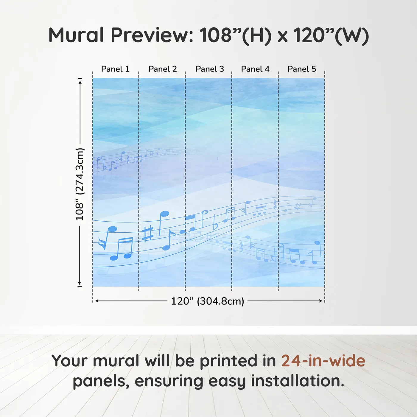 Whimsy Tots Watercolor Melody Wall Mural in Bluedimension view (108" H x 120" W). Printed in five 24-inch-wide panels. Gender-Neutral