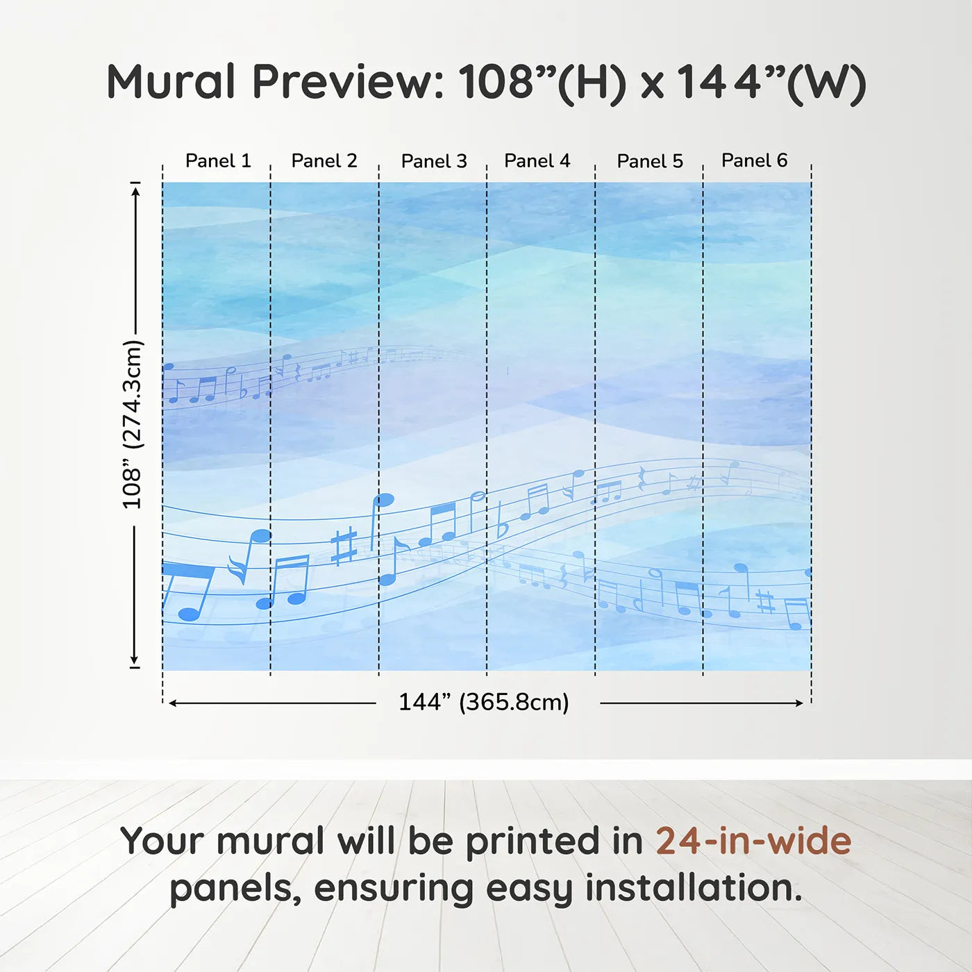 Whimsy Tots Watercolor Melody Wall Mural in Bluedimension view (108" H x 144" W). Printed in six 24-inch-wide panels. Gender-Neutral