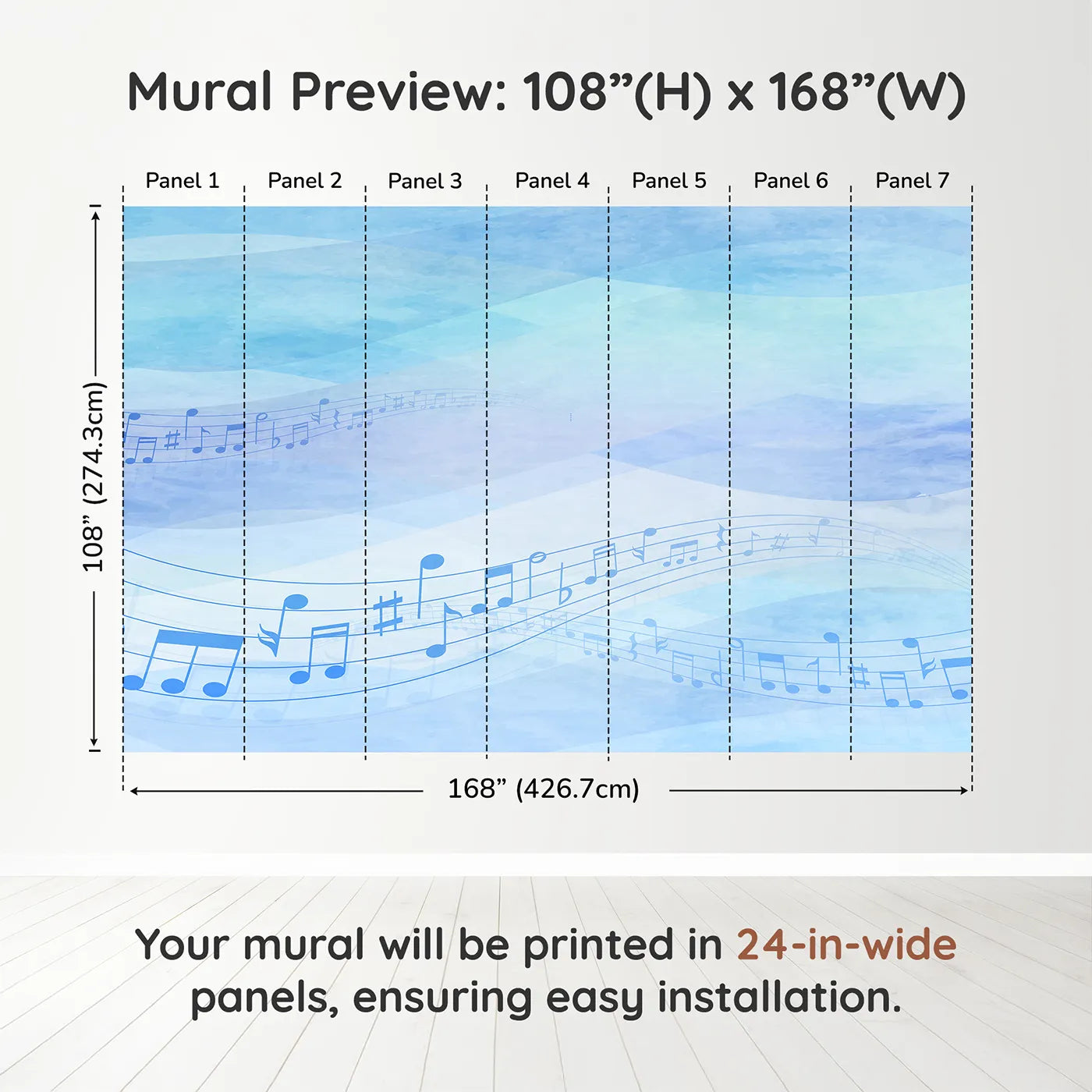 Whimsy Tots Watercolor Melody Wall Mural in Bluedimension view (108" H x 168" W). Printed in seven 24-inch-wide panels. Gender-Neutral