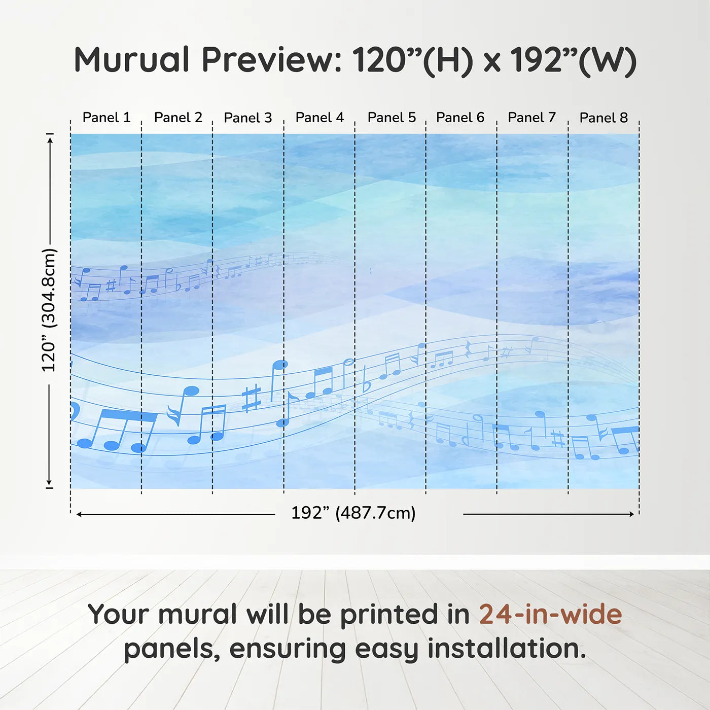Whimsy Tots Watercolor Melody Wall Mural in Bluedimension view (120" H x 192" W). Printed in eight 24-inch-wide panels. Gender-Neutral