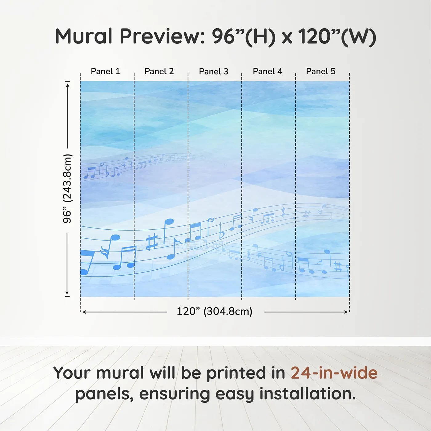 Whimsy Tots Watercolor Melody Wall Mural in Bluedimension view (96" H x 120" W). Printed in five 24-inch-wide panels. Gender-Neutral