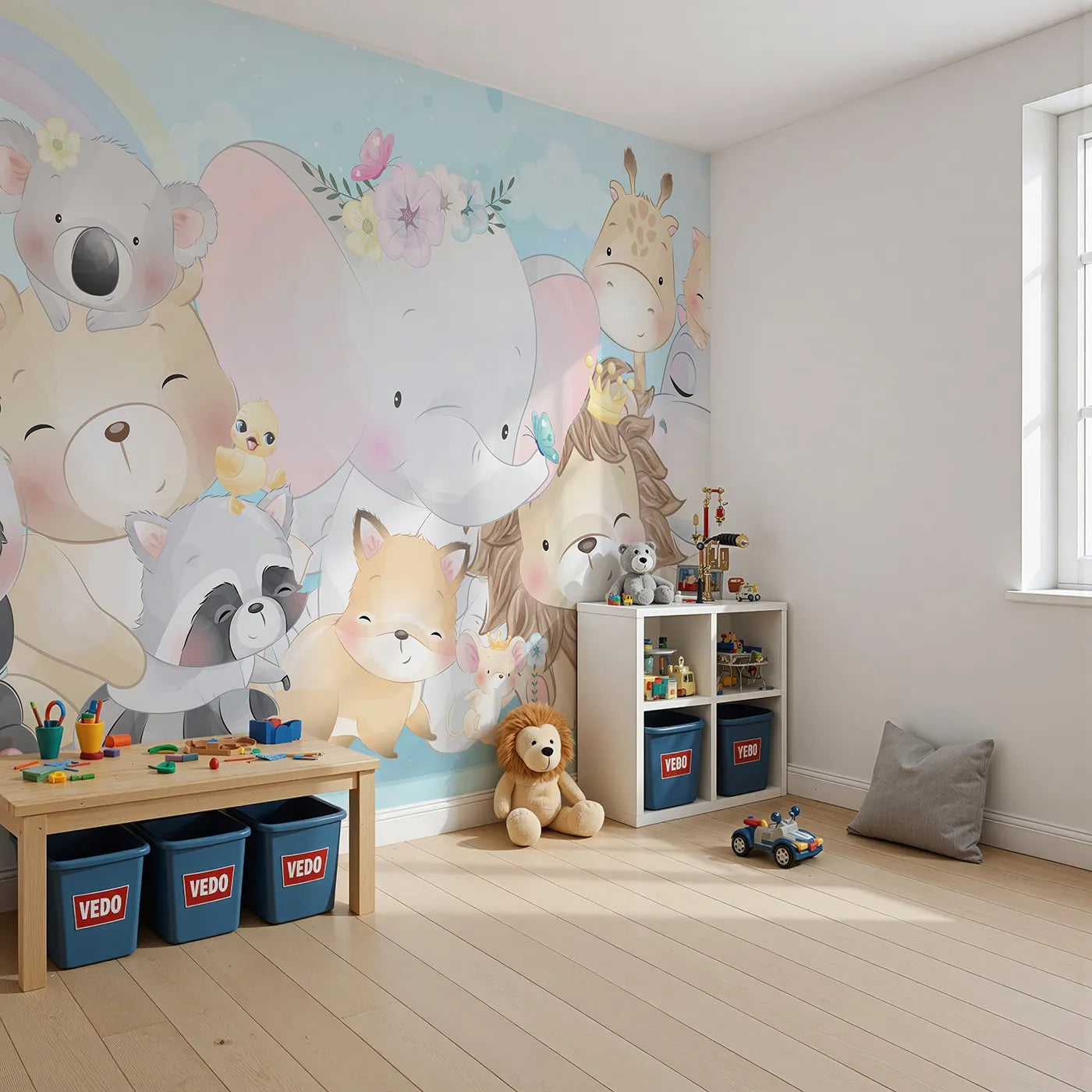 Angled view of Whimsy Tots' Cute Animal Friends Wall Mural (Turn Their Room into the Sweetest Cuddle Puddle).Gender-Neutral