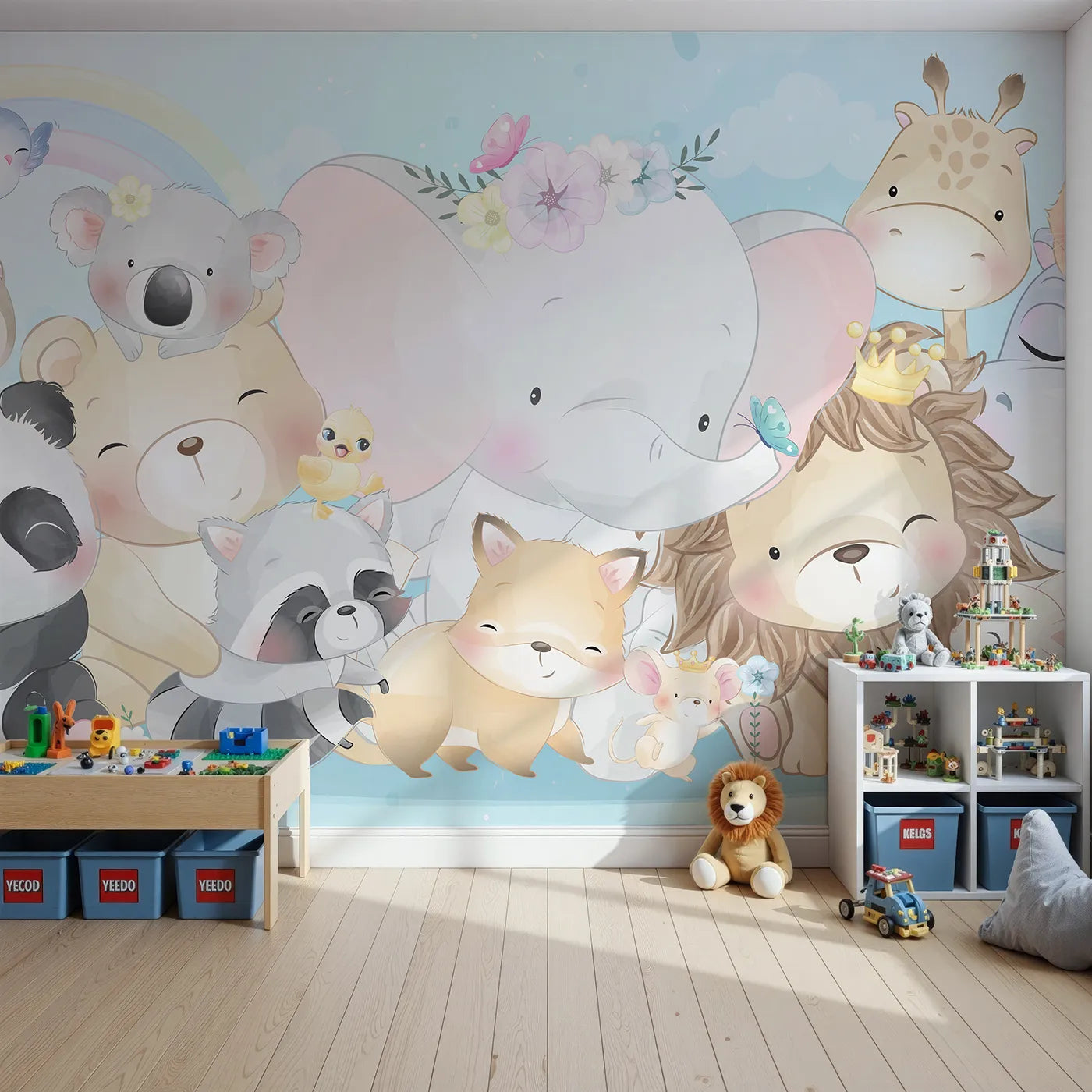 Front view of Whimsy Tots' Cute Animal Friends Wall Mural