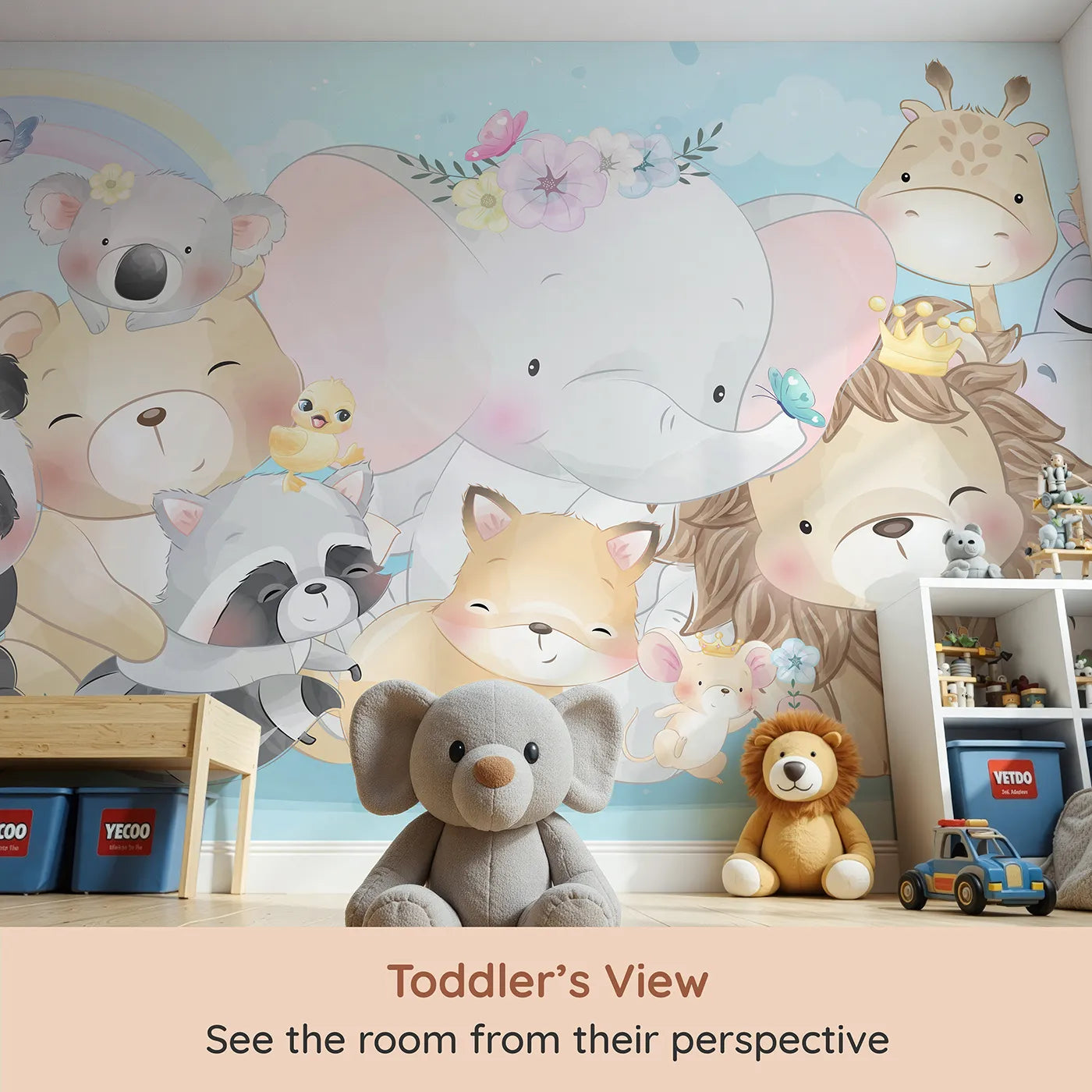 Whimsy Tots Cute Animal Friends Wall Mural (Turn Their Room into the Sweetest Cuddle Puddle) from your child's view.Gender-Neutral