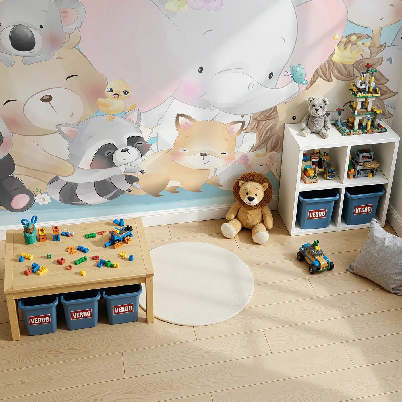 Top-down view of Whimsy Tots' Cute Animal Friends Wall Mural (Turn Their Room into the Sweetest Cuddle Puddle).Gender-Neutral