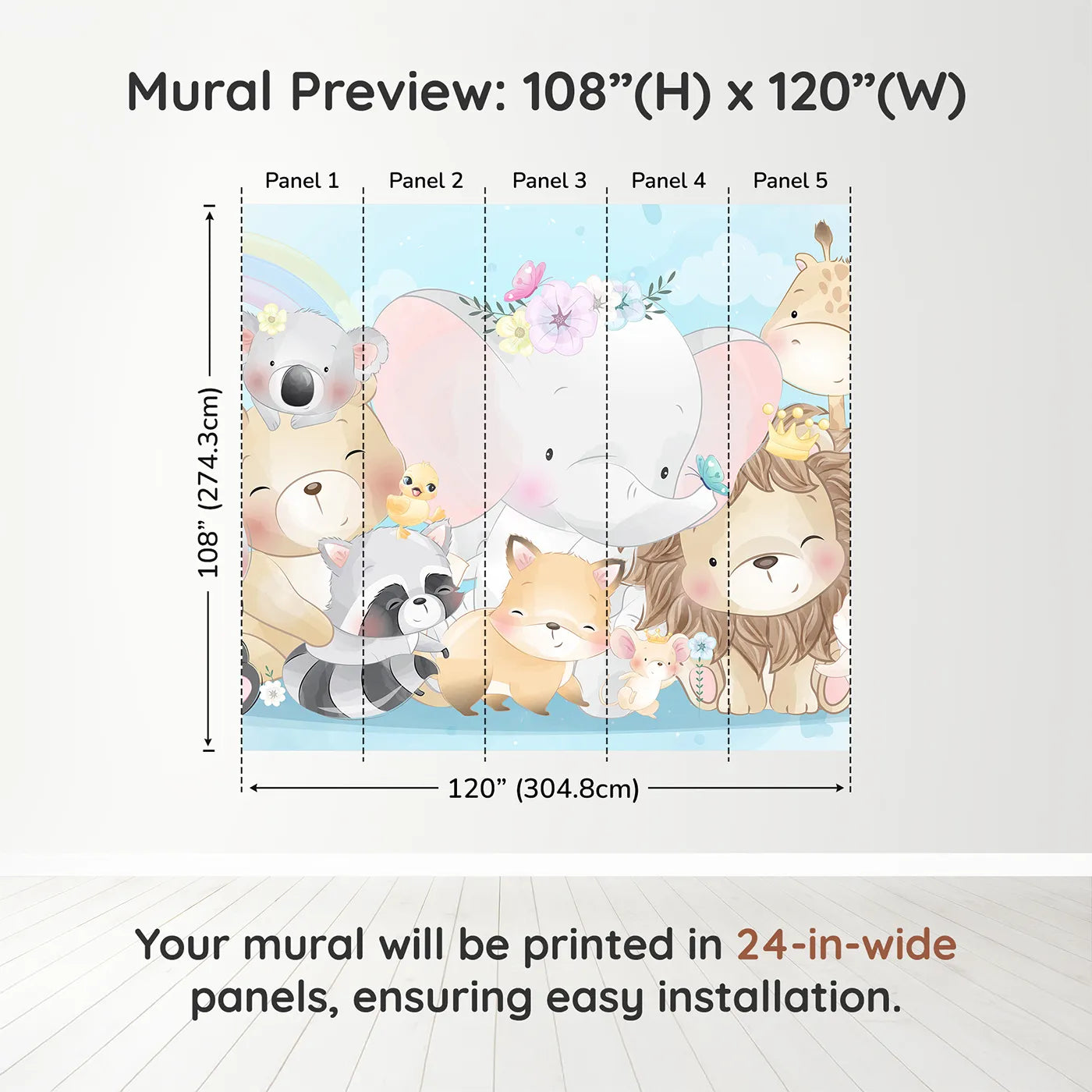 Whimsy Tots Cute Animal Friends Wall Muraldimension view (108" H x 120" W). Printed in five 24-inch-wide panels. Gender-Neutral