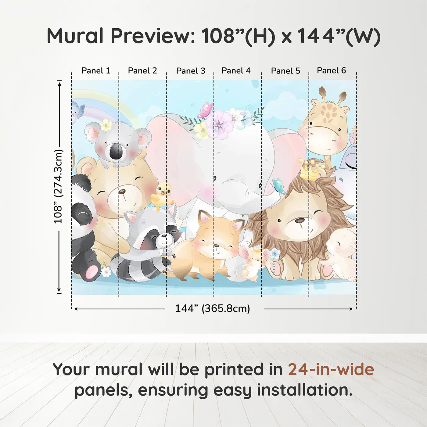 Whimsy Tots Cute Animal Friends Wall Muraldimension view (108" H x 144" W). Printed in six 24-inch-wide panels. Gender-Neutral