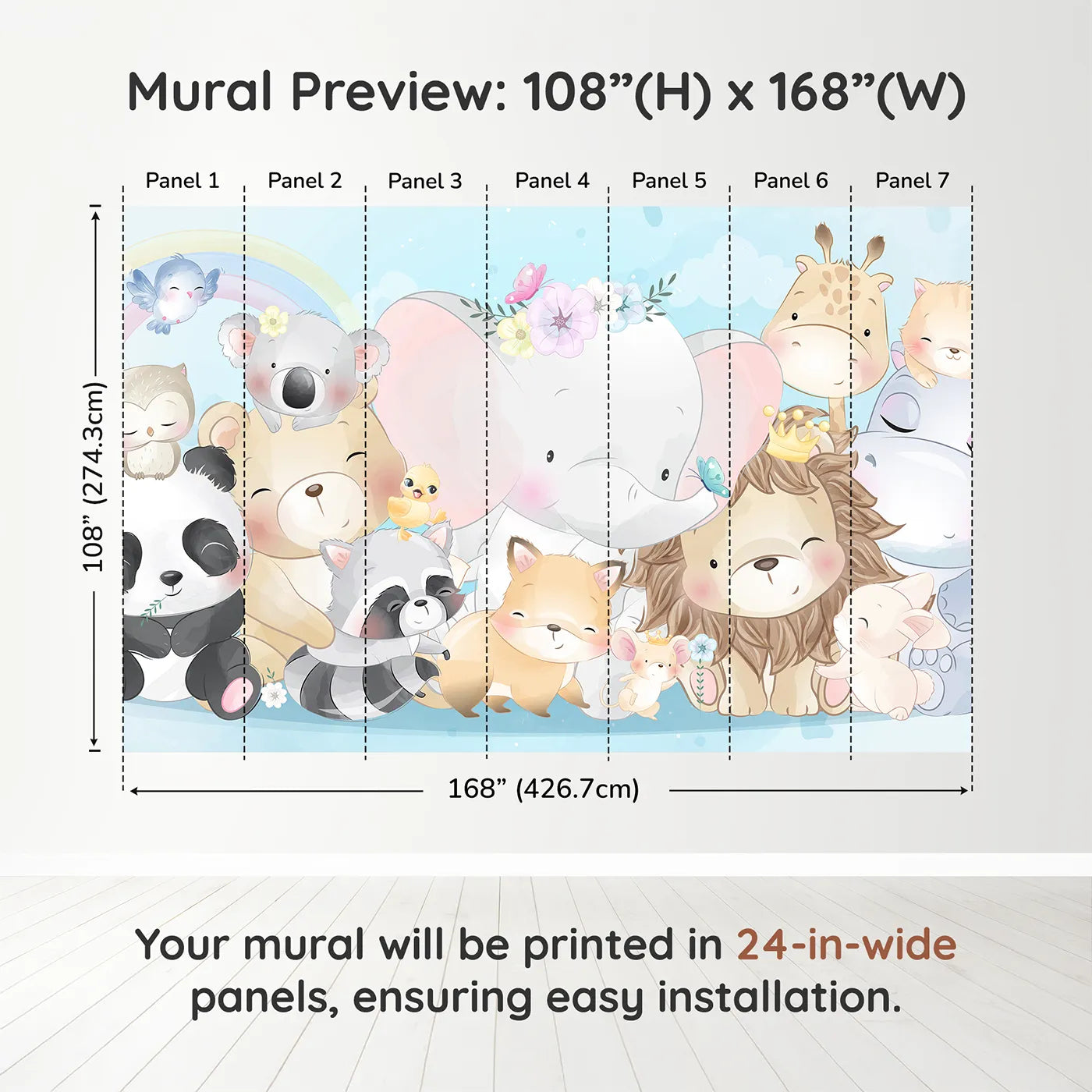Whimsy Tots Cute Animal Friends Wall Muraldimension view (108" H x 168" W). Printed in seven 24-inch-wide panels. Gender-Neutral