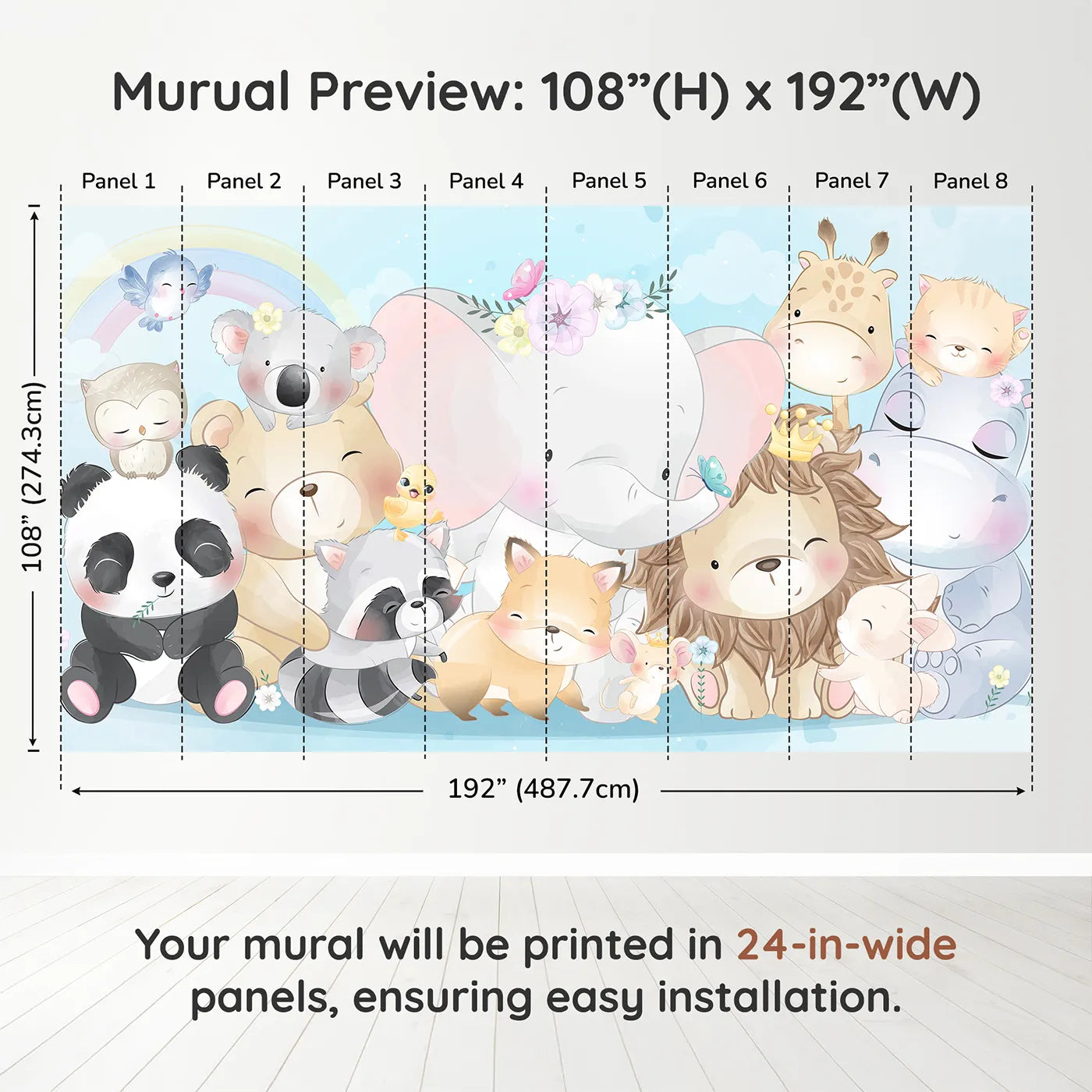 Whimsy Tots Cute Animal Friends Wall Muraldimension view (108" H x 192" W). Printed in eight 24-inch-wide panels. Gender-Neutral