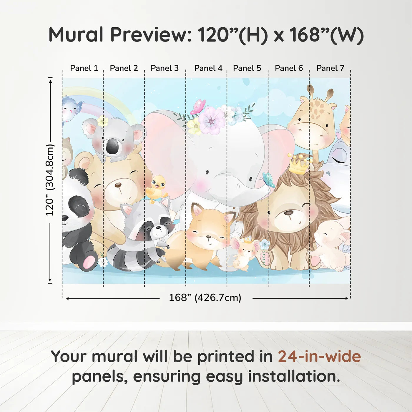 Whimsy Tots Cute Animal Friends Wall Muraldimension view (120" H x 168" W). Printed in seven 24-inch-wide panels. Gender-Neutral
