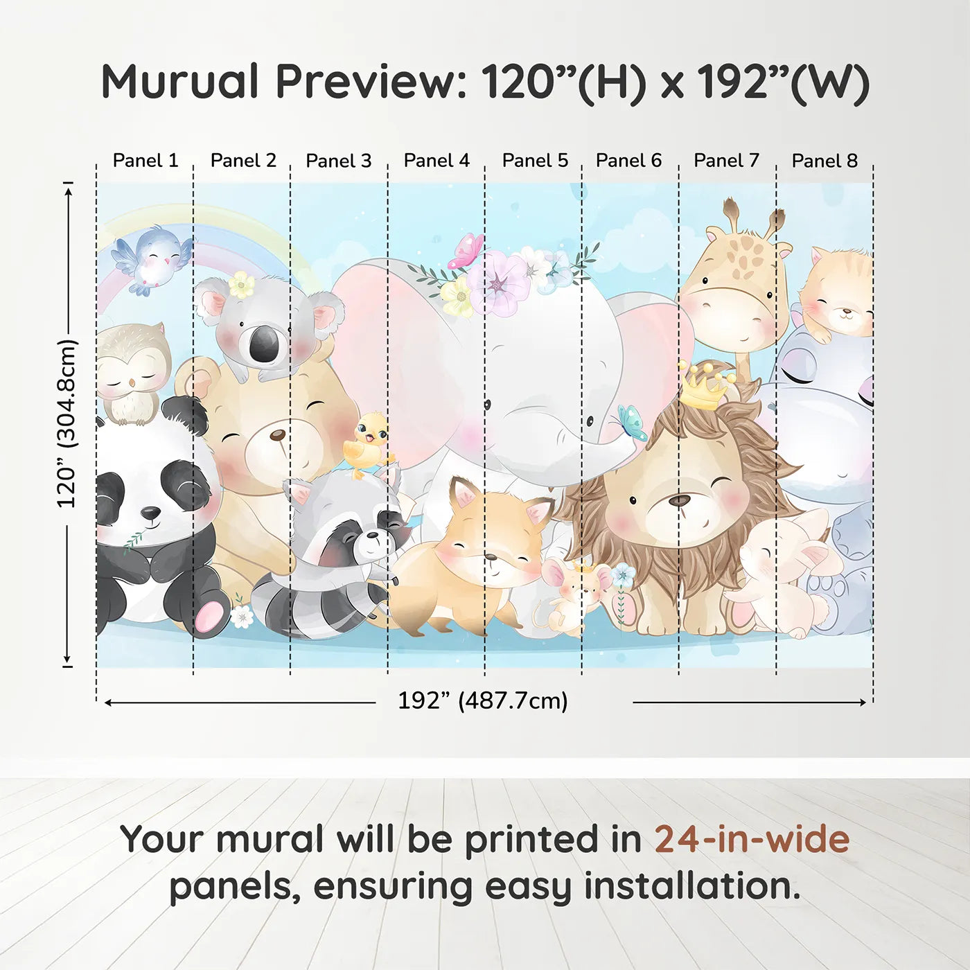 Whimsy Tots Cute Animal Friends Wall Muraldimension view (120" H x 192" W). Printed in eight 24-inch-wide panels. Gender-Neutral
