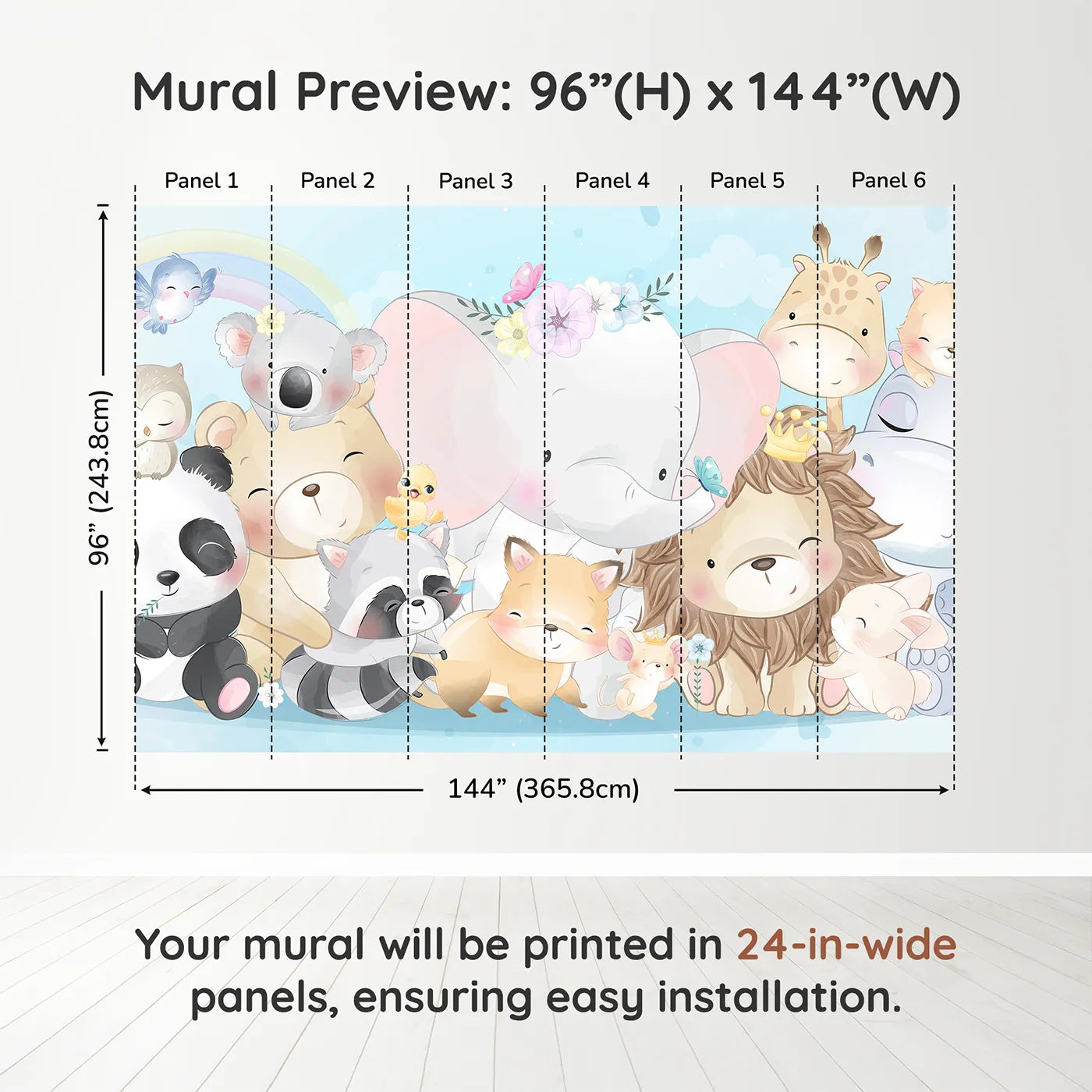Whimsy Tots Cute Animal Friends Wall Muraldimension view (96" H x 144" W). Printed in six 24-inch-wide panels. Gender-Neutral