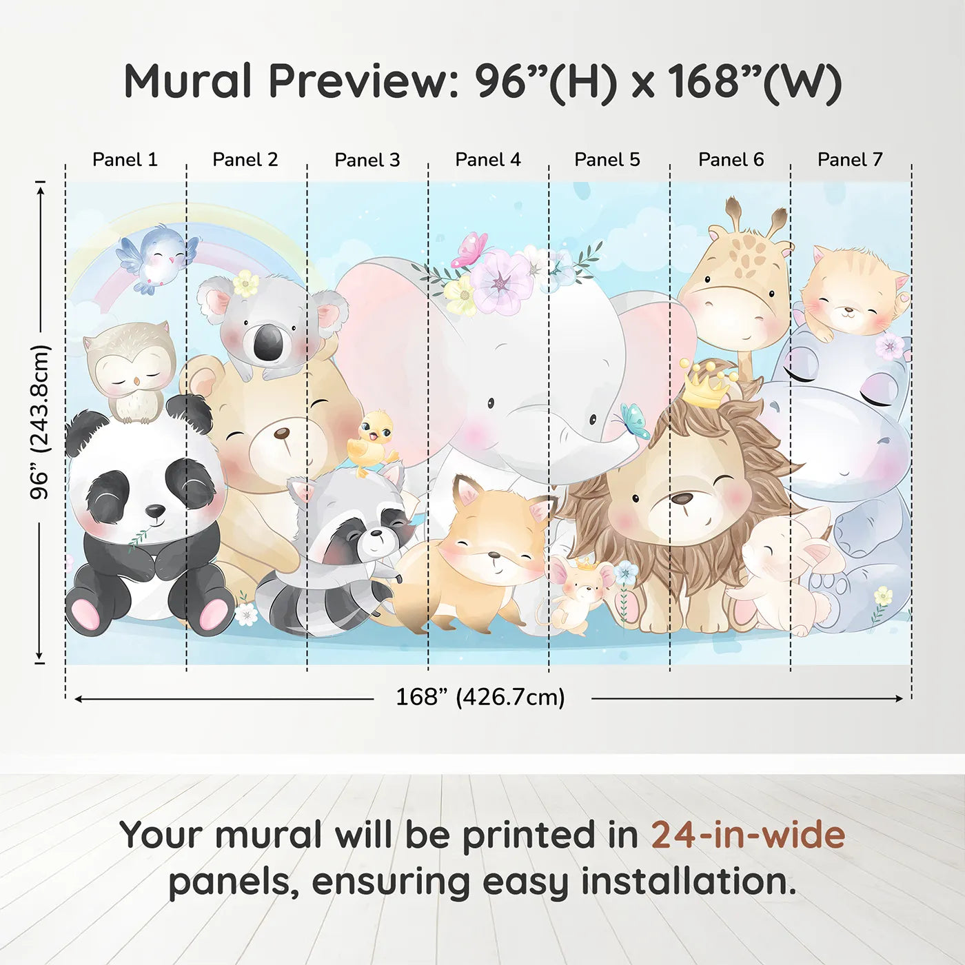 Whimsy Tots Cute Animal Friends Wall Muraldimension view (96" H x 168" W). Printed in seven 24-inch-wide panels. Gender-Neutral