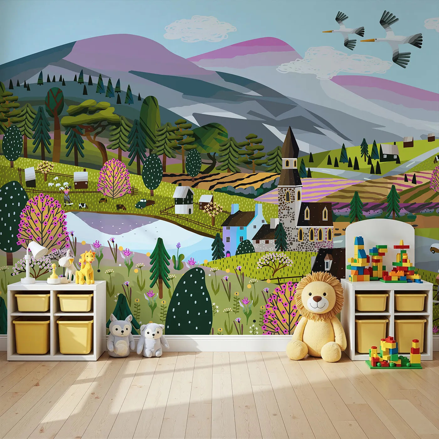 Angled view of Whimsy Tots' Springtime Village Panorama Wall Mural (Turn Their Room into a Vibrant, Storybook Landscape).Gender-Neutral