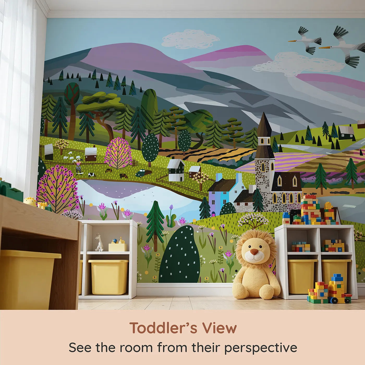 Whimsy Tots Springtime Village Panorama Wall Mural (Turn Their Room into a Vibrant, Storybook Landscape) from your child's view.Gender-Neutral