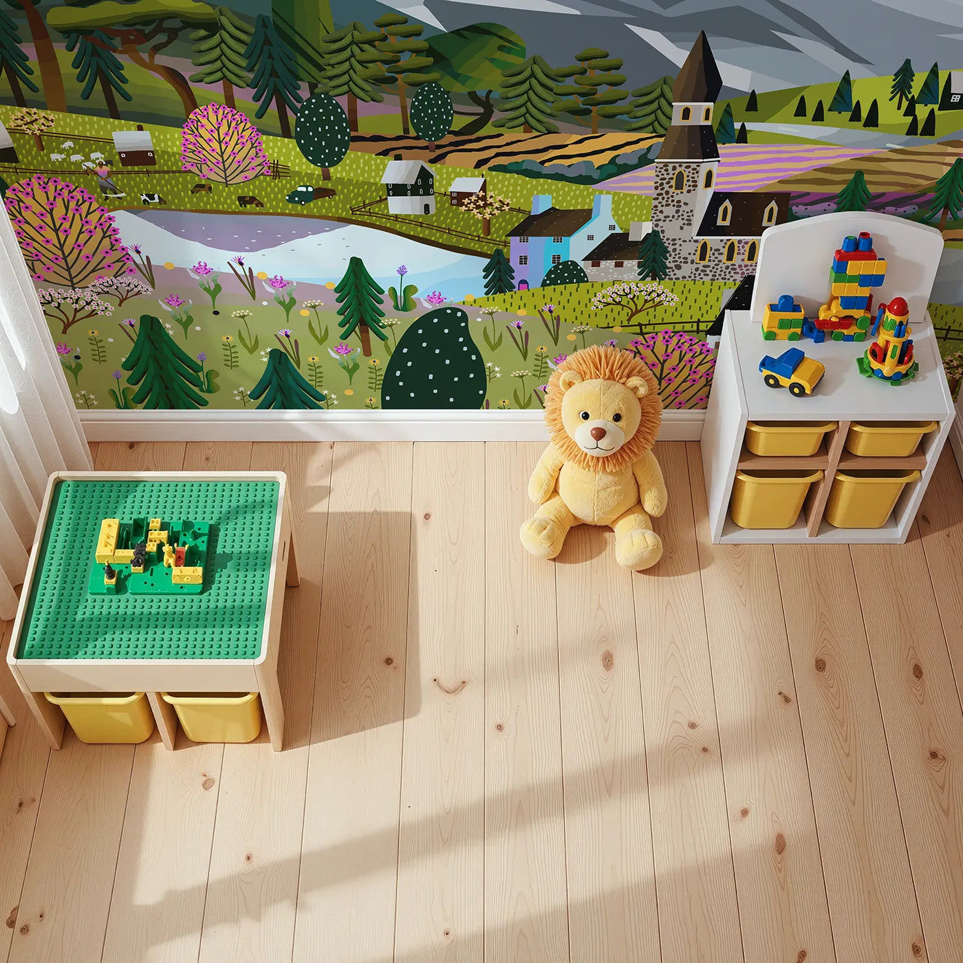 Top-down view of Whimsy Tots' Springtime Village Panorama Wall Mural (Turn Their Room into a Vibrant, Storybook Landscape).Gender-Neutral