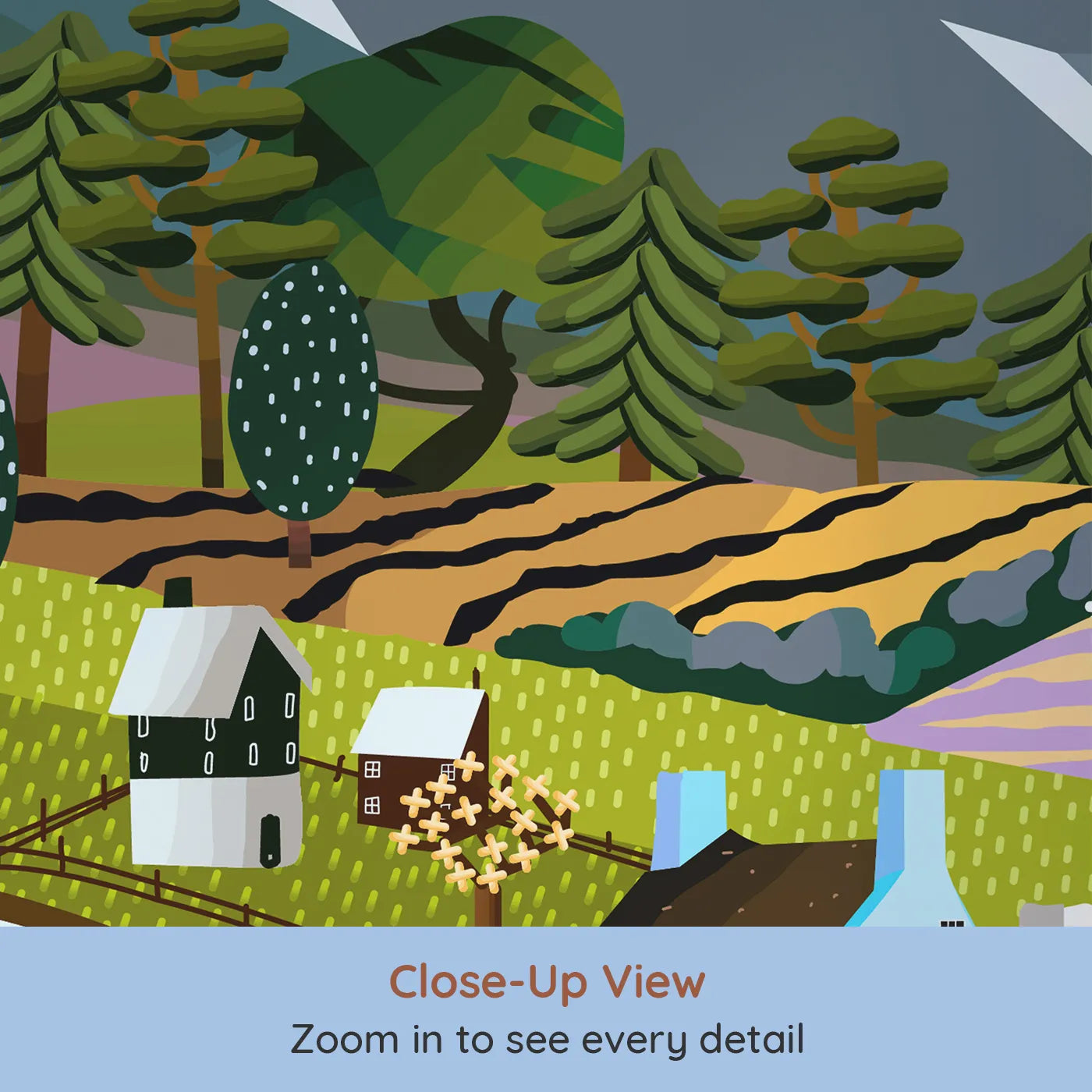 Close-up view of Whimsy Tots' Springtime Village Panorama Wall Mural (Turn Their Room into a Vibrant, Storybook Landscape).Gender-Neutral