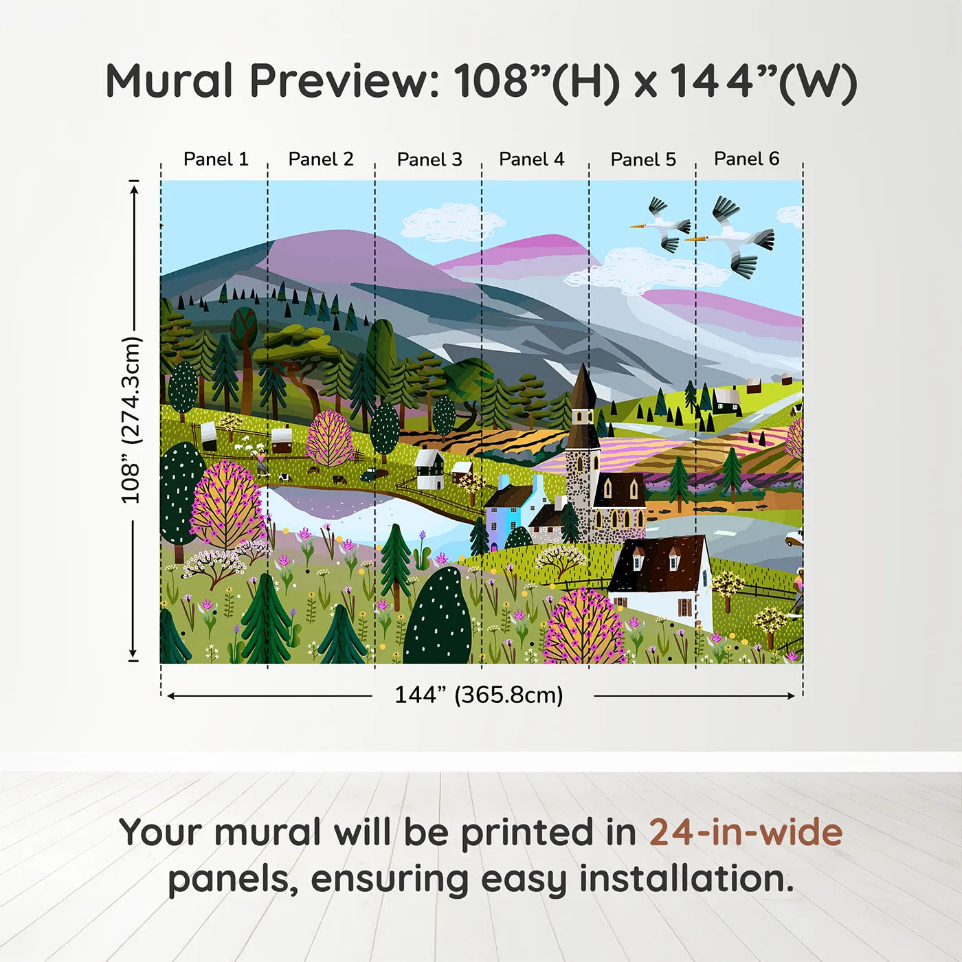Whimsy Tots Springtime Village Panorama Wall Muraldimension view (108" H x 144" W). Printed in six 24-inch-wide panels. Gender-Neutral