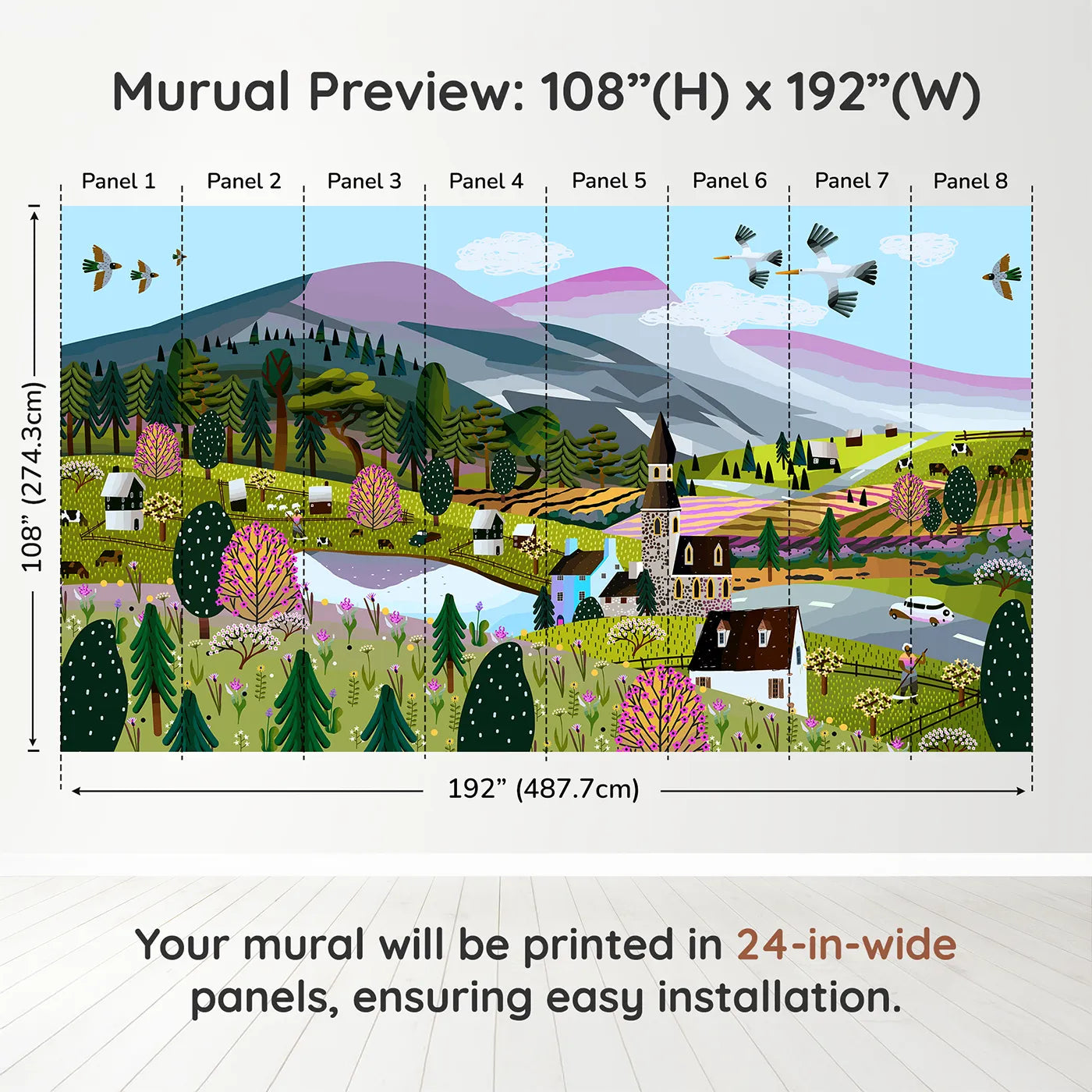 Whimsy Tots Springtime Village Panorama Wall Muraldimension view (108" H x 192" W). Printed in eight 24-inch-wide panels. Gender-Neutral