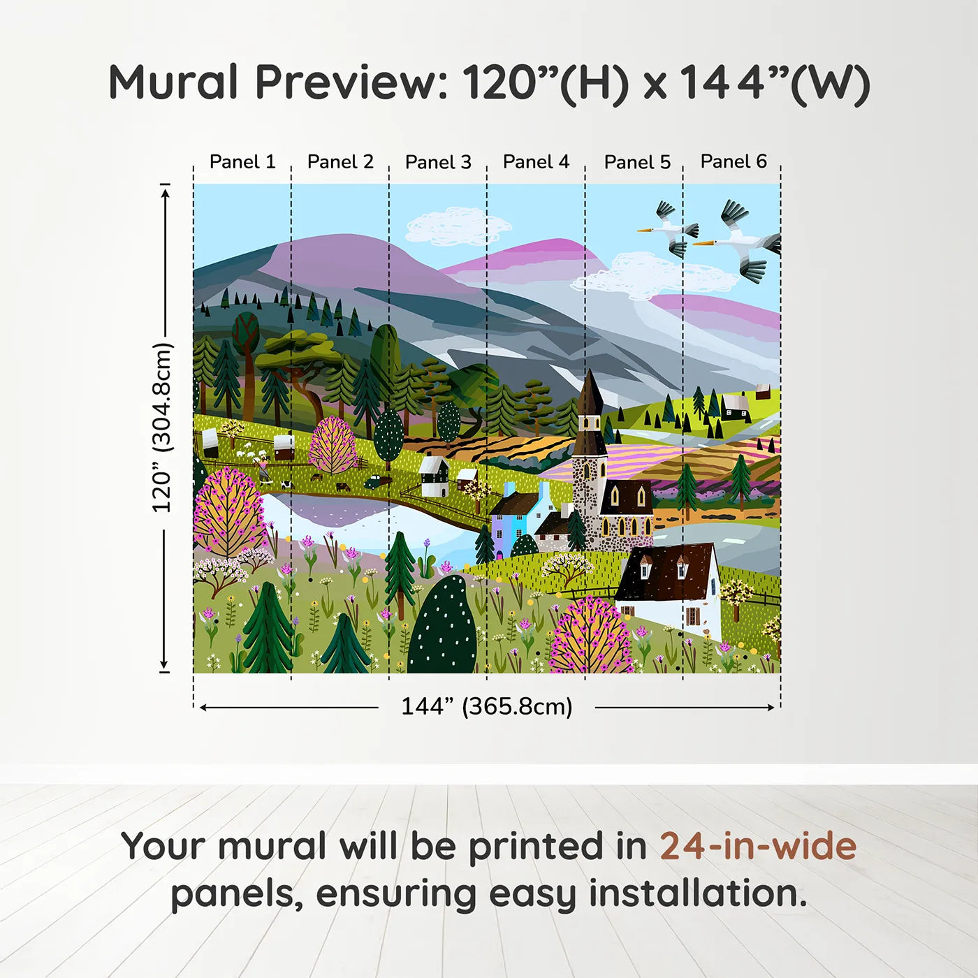 Whimsy Tots Springtime Village Panorama Wall Muraldimension view (120" H x 144" W). Printed in six 24-inch-wide panels. Gender-Neutral