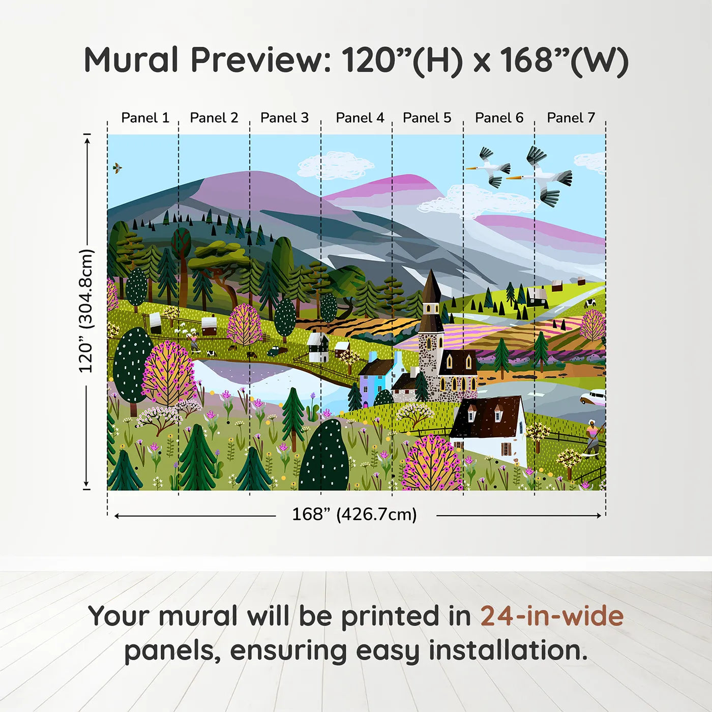 Whimsy Tots Springtime Village Panorama Wall Muraldimension view (120" H x 168" W). Printed in seven 24-inch-wide panels. Gender-Neutral