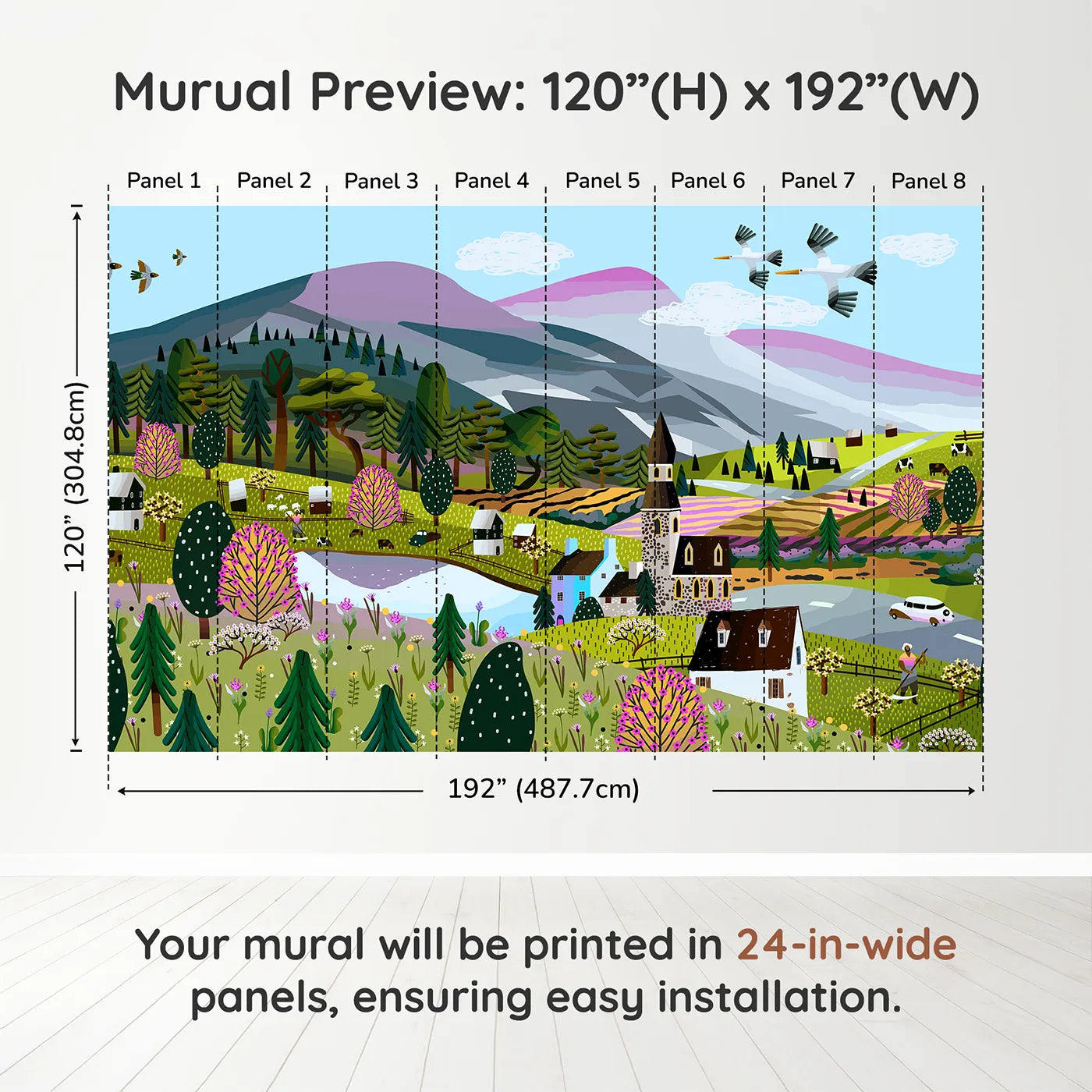 Whimsy Tots Springtime Village Panorama Wall Muraldimension view (120" H x 192" W). Printed in eight 24-inch-wide panels. Gender-Neutral
