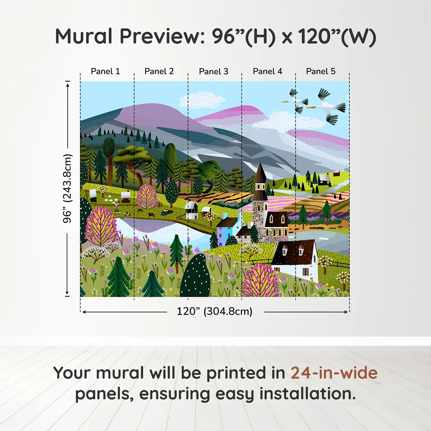 Whimsy Tots Springtime Village Panorama Wall Muraldimension view (96" H x 120" W). Printed in five 24-inch-wide panels. Gender-Neutral