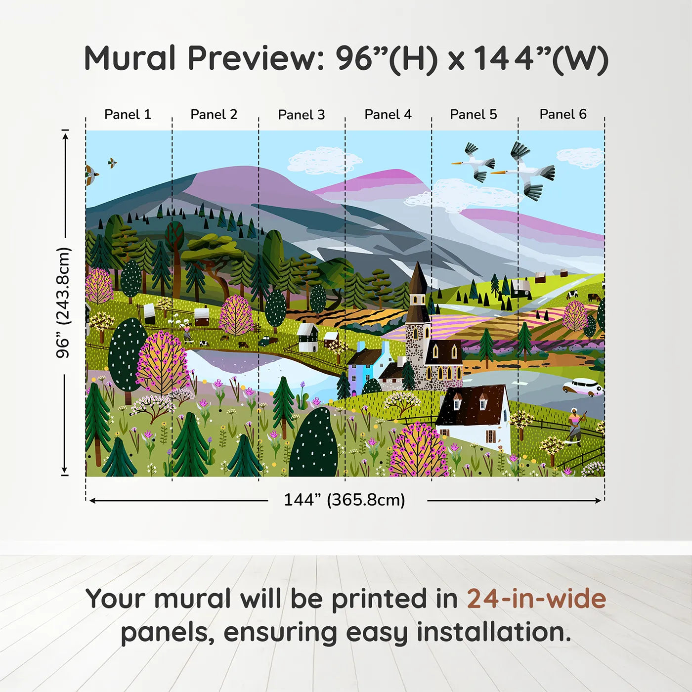 Whimsy Tots Springtime Village Panorama Wall Muraldimension view (96" H x 144" W). Printed in six 24-inch-wide panels. Gender-Neutral