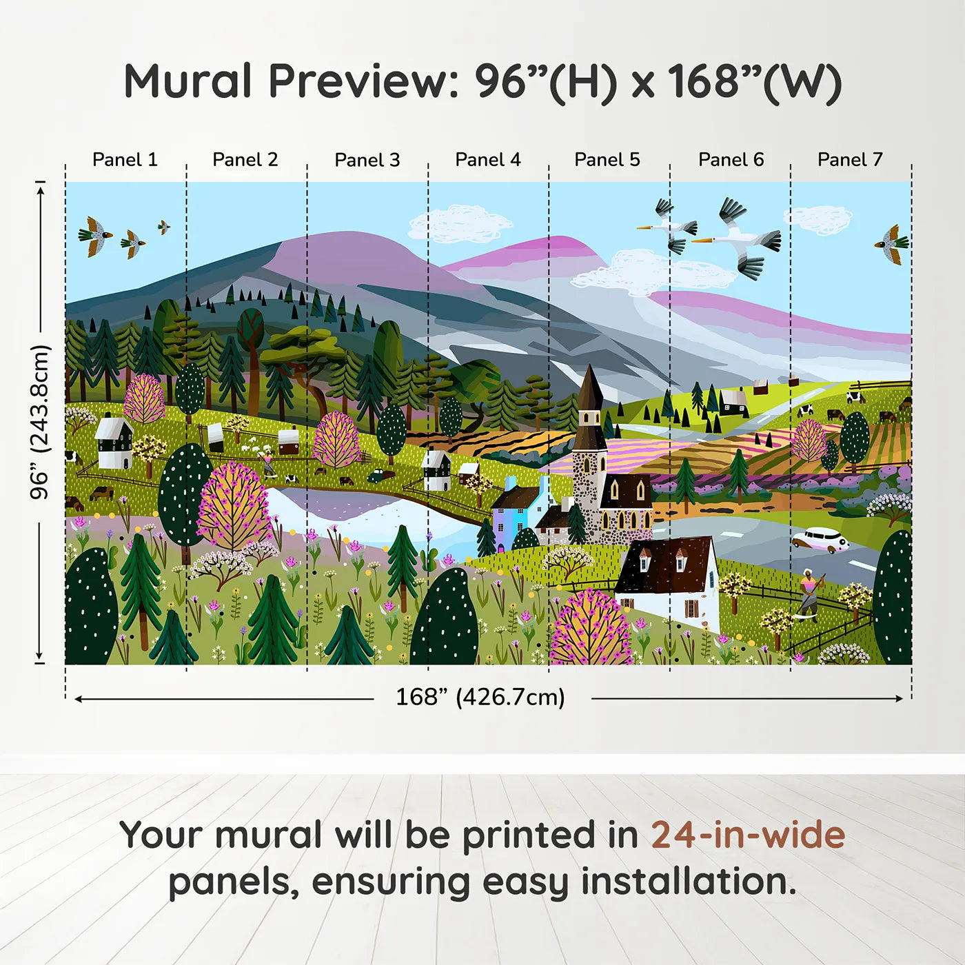 Whimsy Tots Springtime Village Panorama Wall Muraldimension view (96" H x 168" W). Printed in seven 24-inch-wide panels. Gender-Neutral