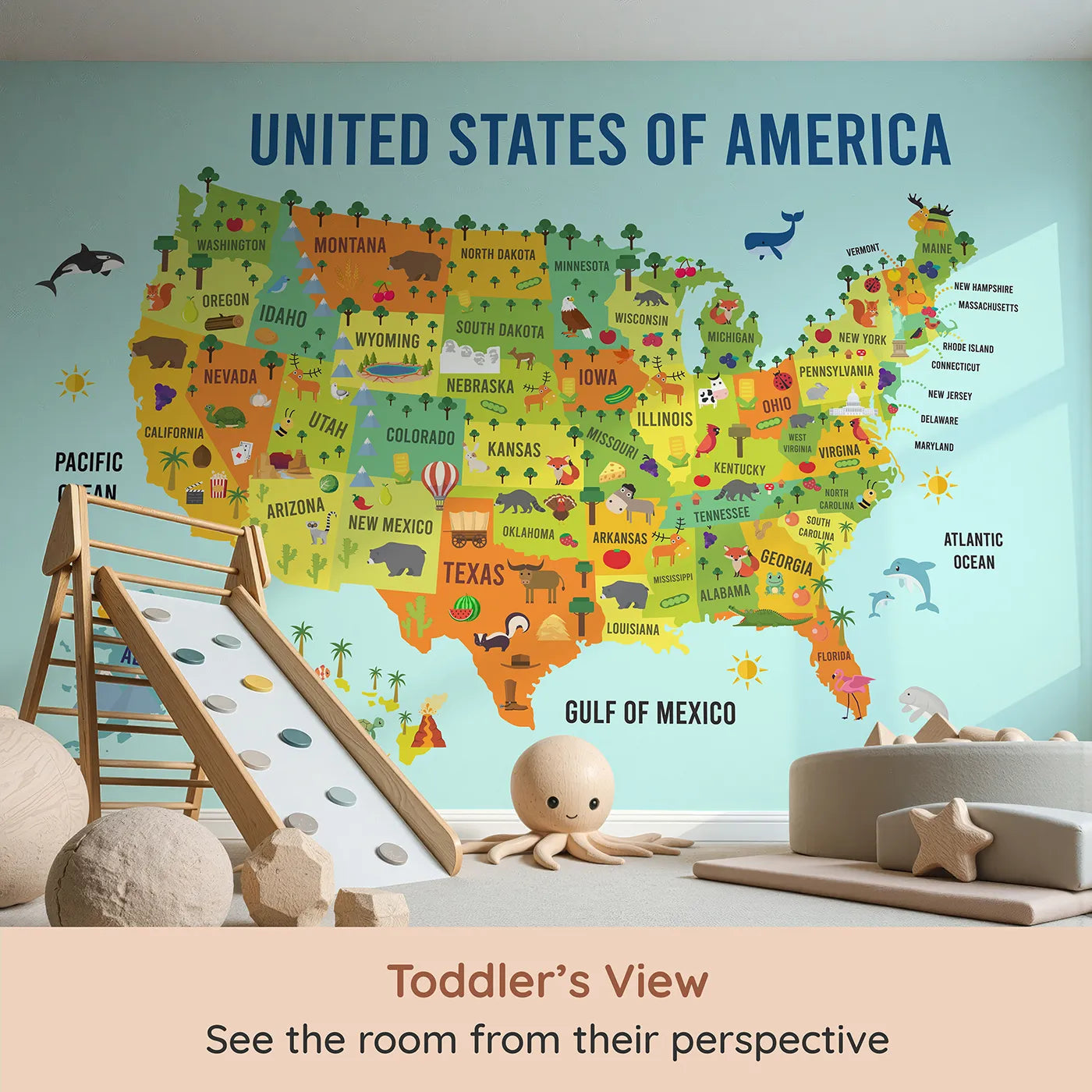 Whimsy Tots USA Map for Kids Wall Mural (Turn Their Room into a Fun-Filled Trip Across America) from your child's view.Gender-Neutral