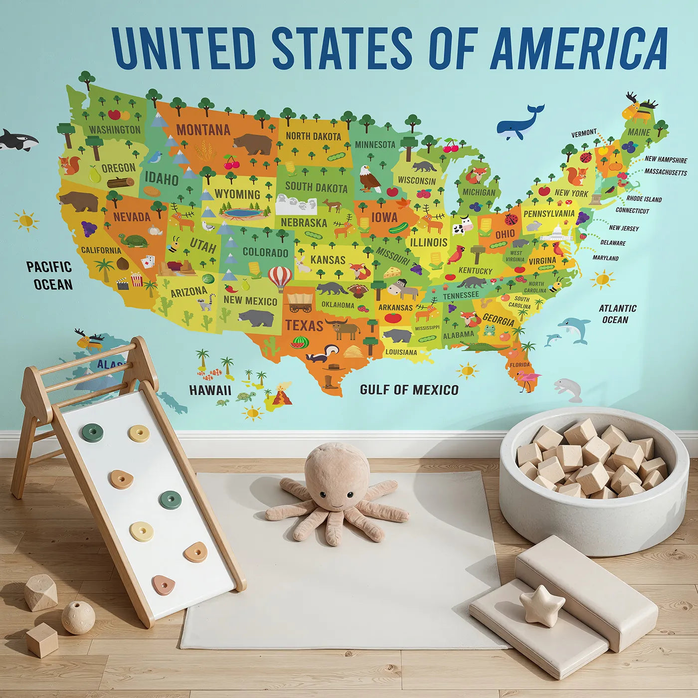 Top-down view of Whimsy Tots' USA Map for Kids Wall Mural (Turn Their Room into a Fun-Filled Trip Across America).Gender-Neutral