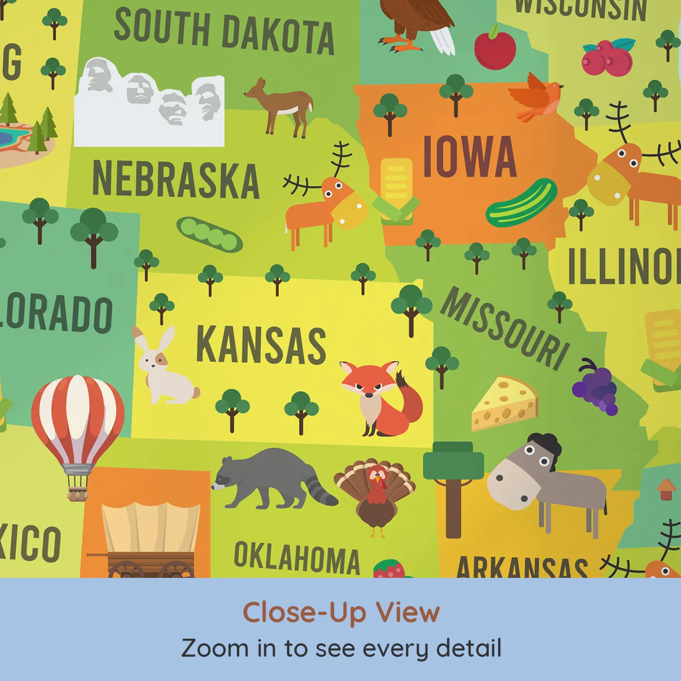 Close-up view of Whimsy Tots' USA Map for Kids Wall Mural (Turn Their Room into a Fun-Filled Trip Across America).Gender-Neutral