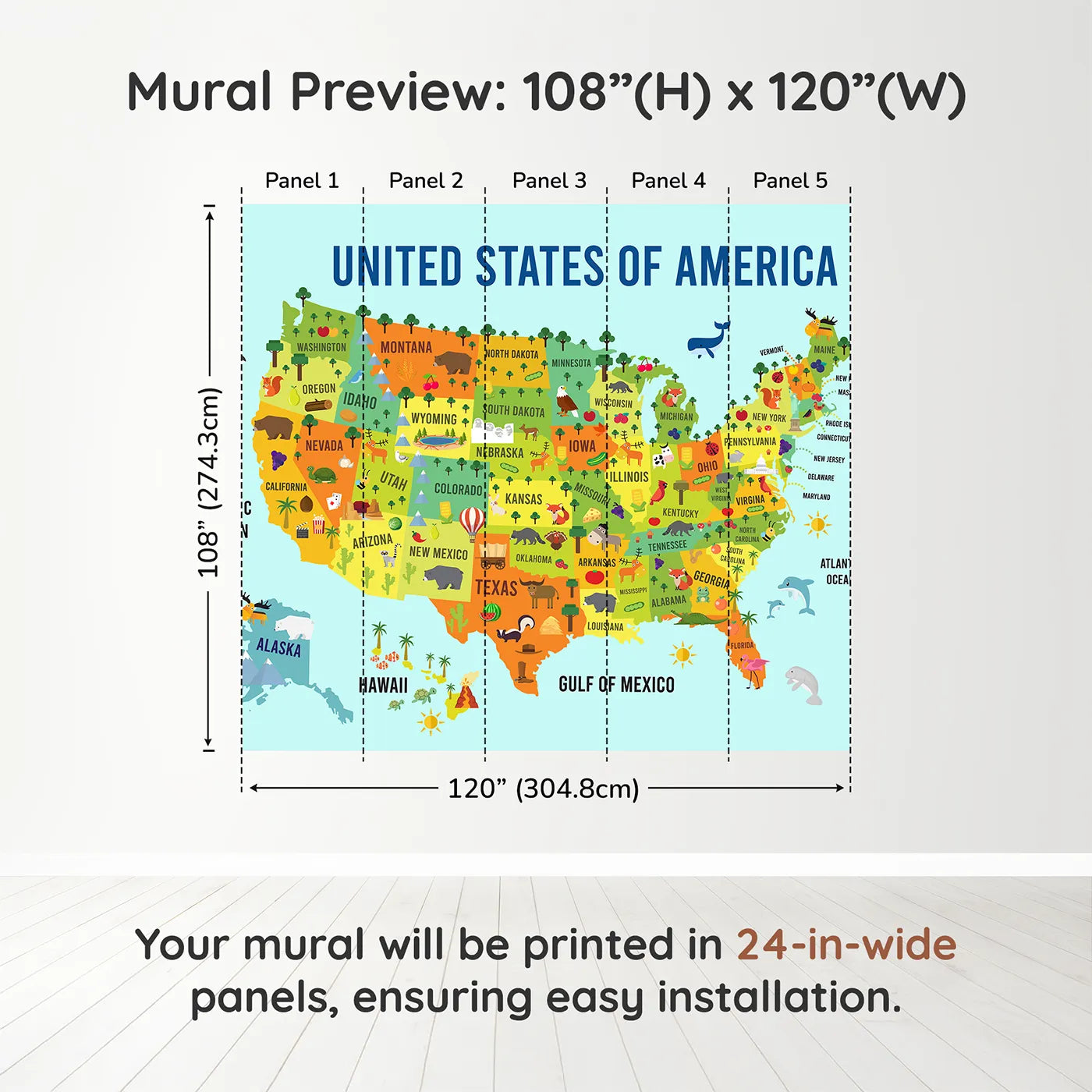 Whimsy Tots USA Map for Kids Wall Muraldimension view (108" H x 120" W). Printed in five 24-inch-wide panels. Gender-Neutral
