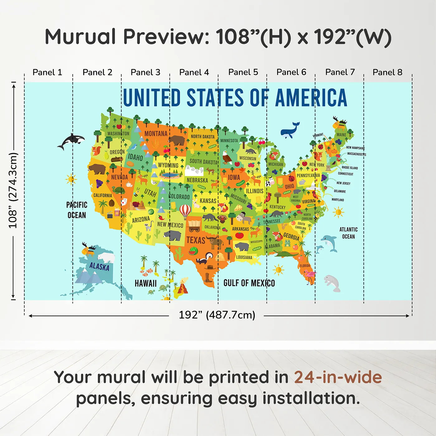 Whimsy Tots USA Map for Kids Wall Muraldimension view (108" H x 192" W). Printed in eight 24-inch-wide panels. Gender-Neutral