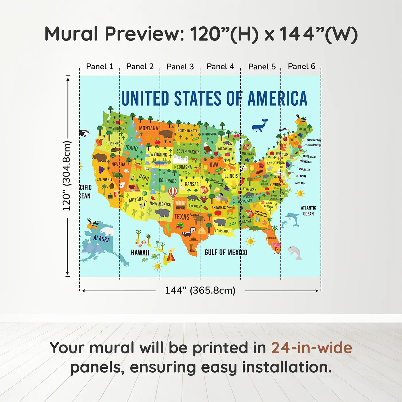 Whimsy Tots USA Map for Kids Wall Muraldimension view (120" H x 144" W). Printed in six 24-inch-wide panels. Gender-Neutral