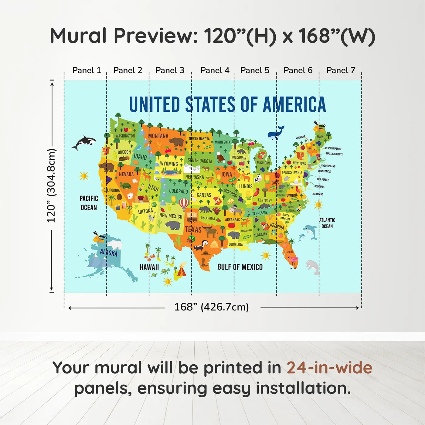 Whimsy Tots USA Map for Kids Wall Muraldimension view (120" H x 168" W). Printed in seven 24-inch-wide panels. Gender-Neutral